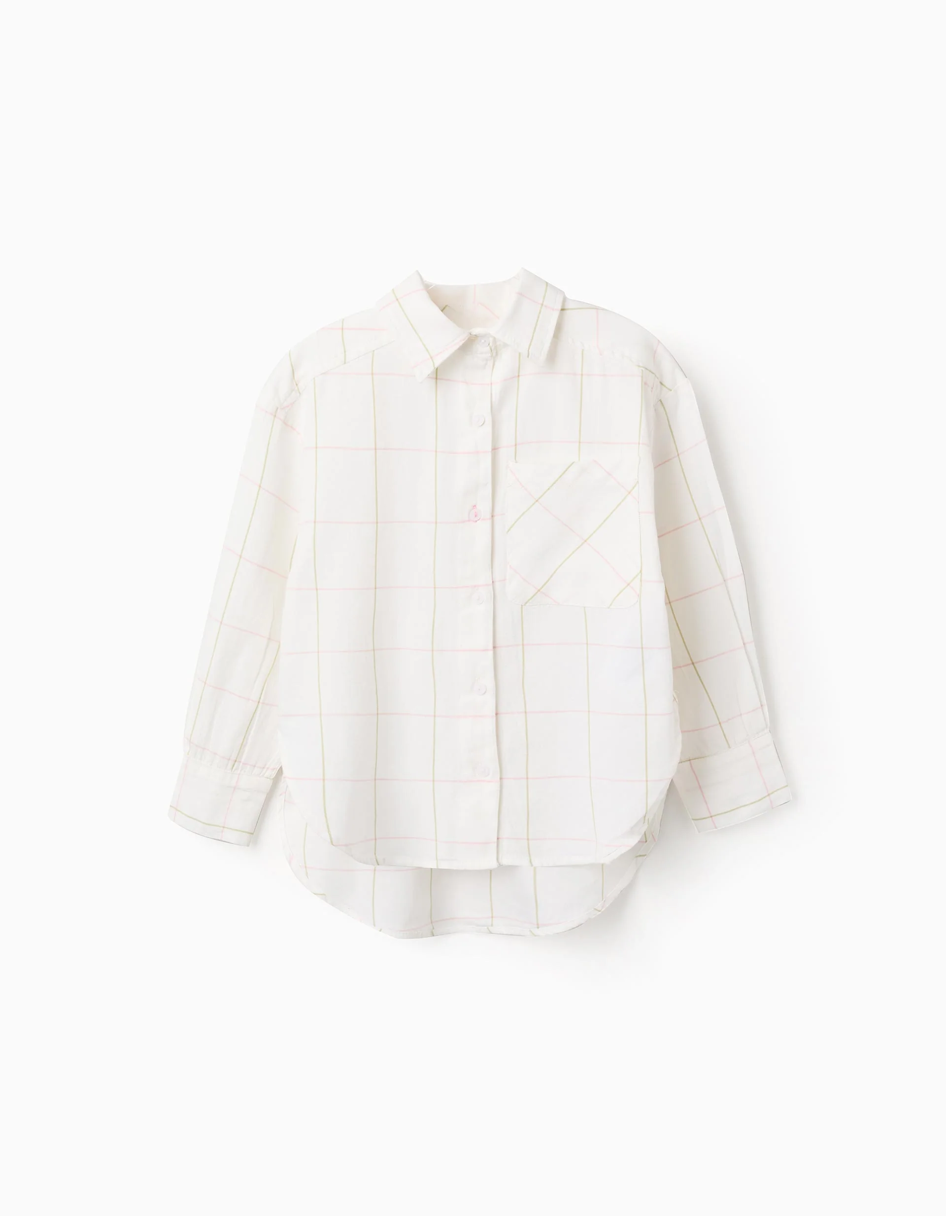 Asymmetrical Cotton Check Shirt for Girls, White