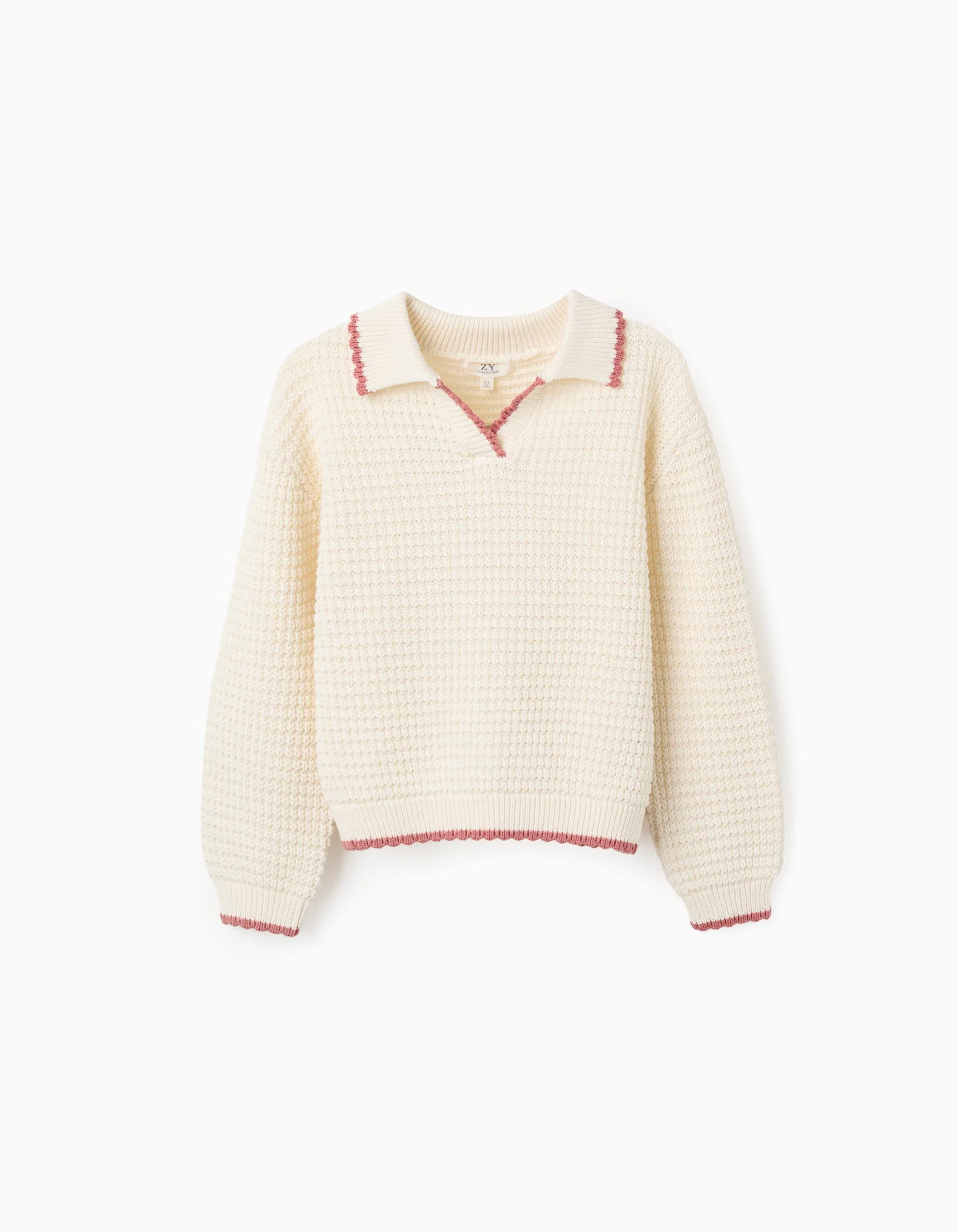 Cotton knit jumper with polo collar for girls, white/pink