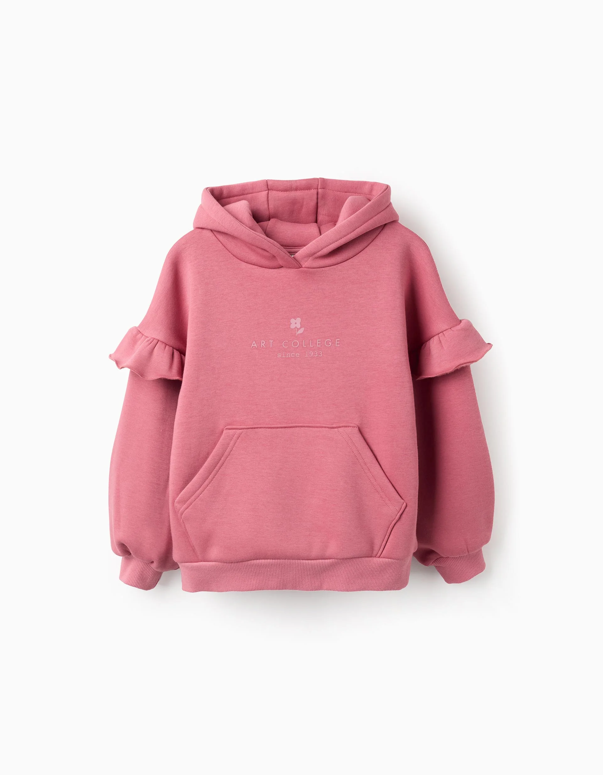 Brushed hooded sweatshirt with ruffles and print for girls, pink