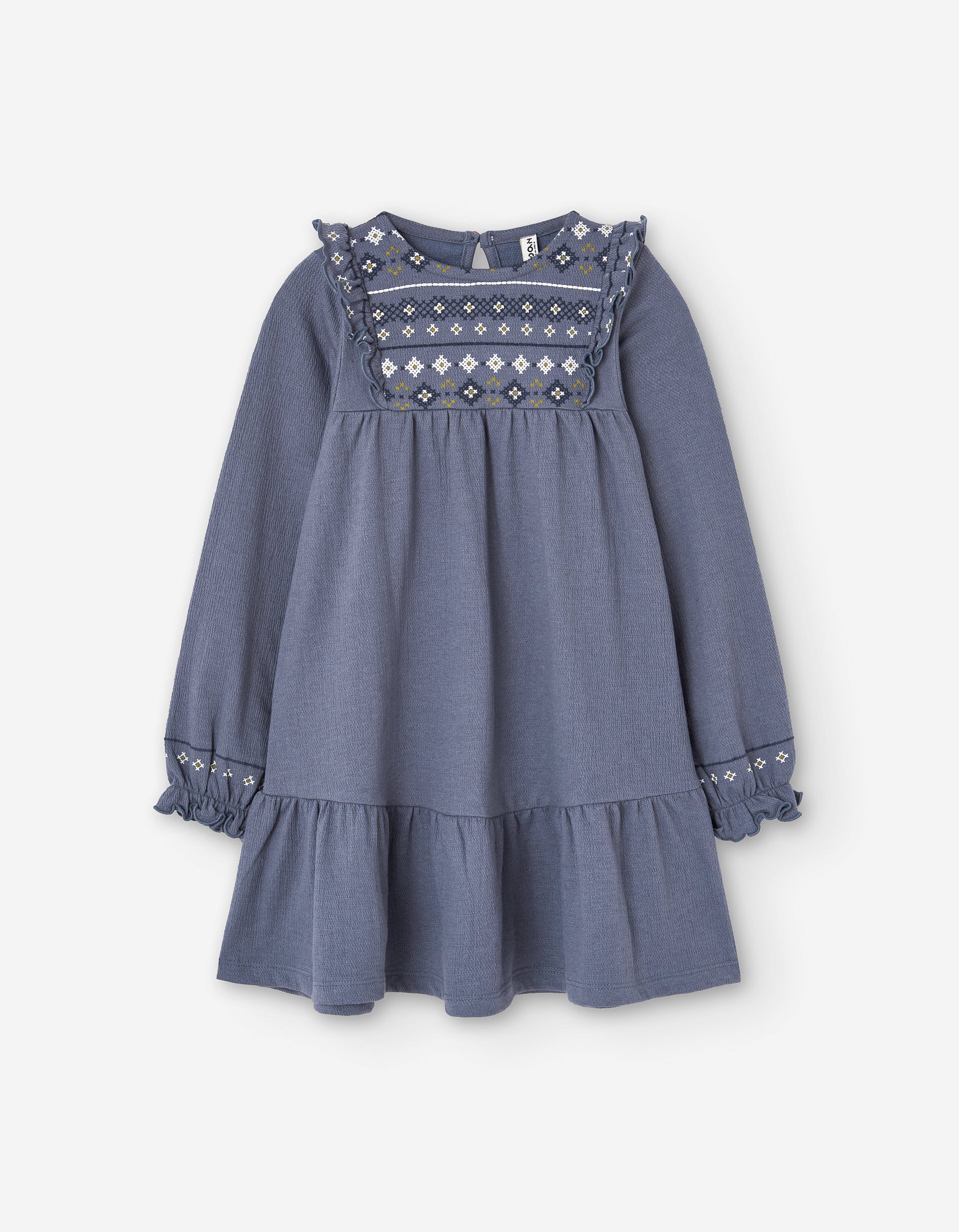 Long sleeve dress in bambula with embroidery for girls, blue