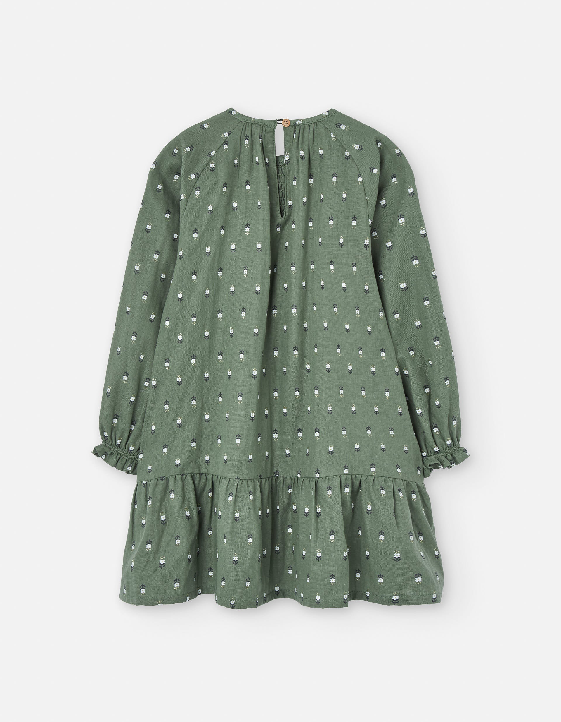 Cotton dress with floral motif and puffy sleeves for girls, green
