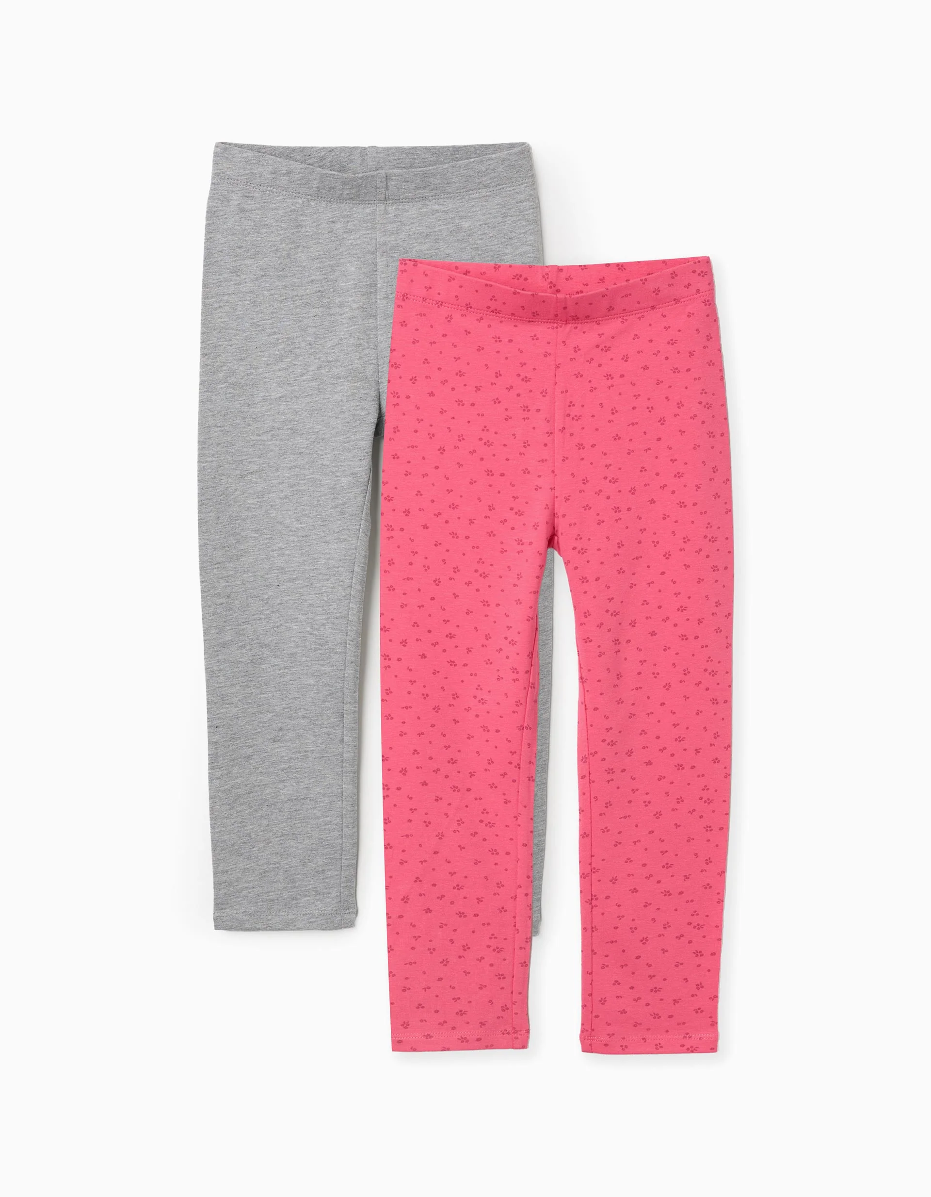 Pack of 2 plain/floral leggings for girls, grey/pink
