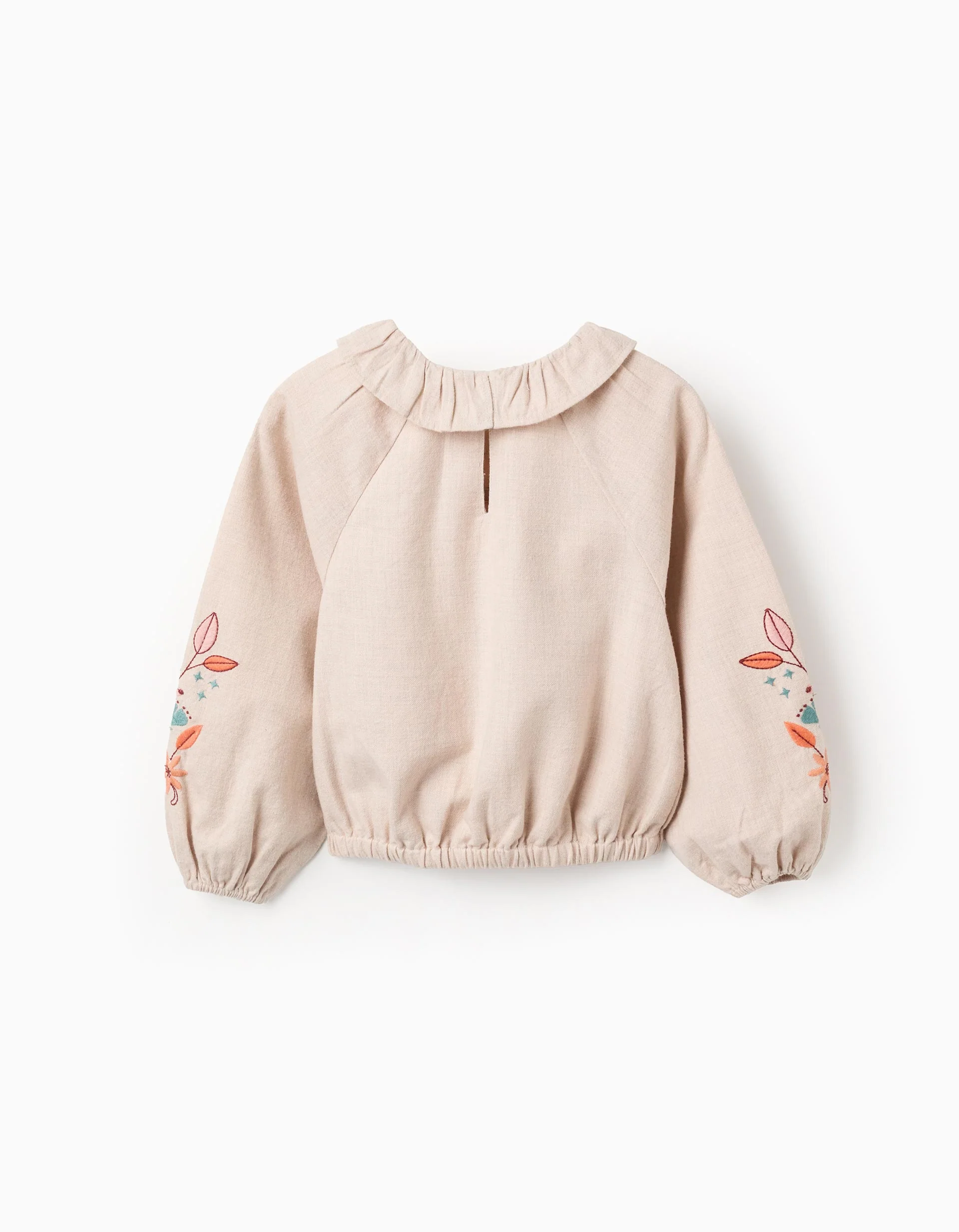 Twill Blouse with Ruffles and Flower Embroidery for Girls, Beige