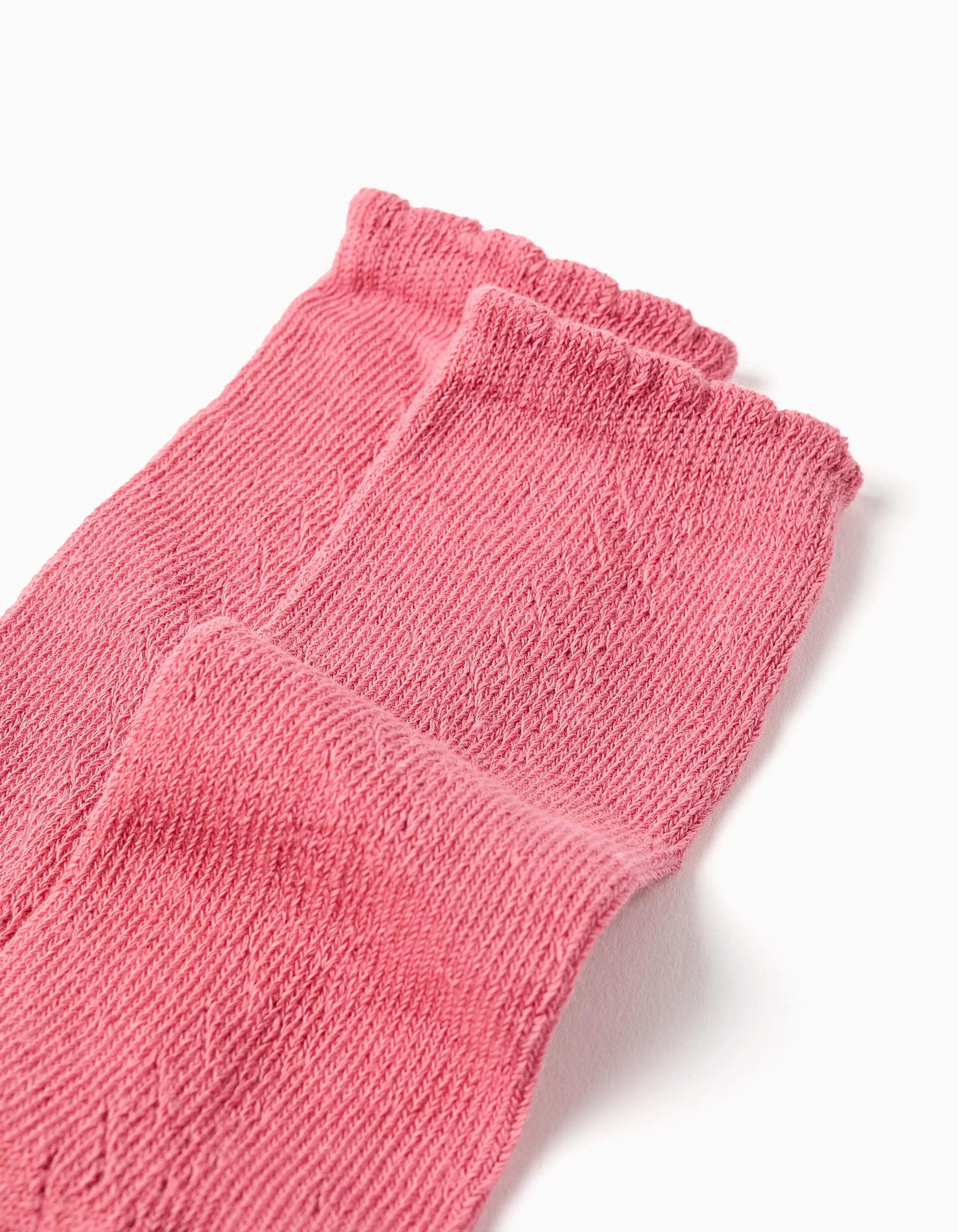 Openwork Knit High Socks with Wavy End for Girls, Pink