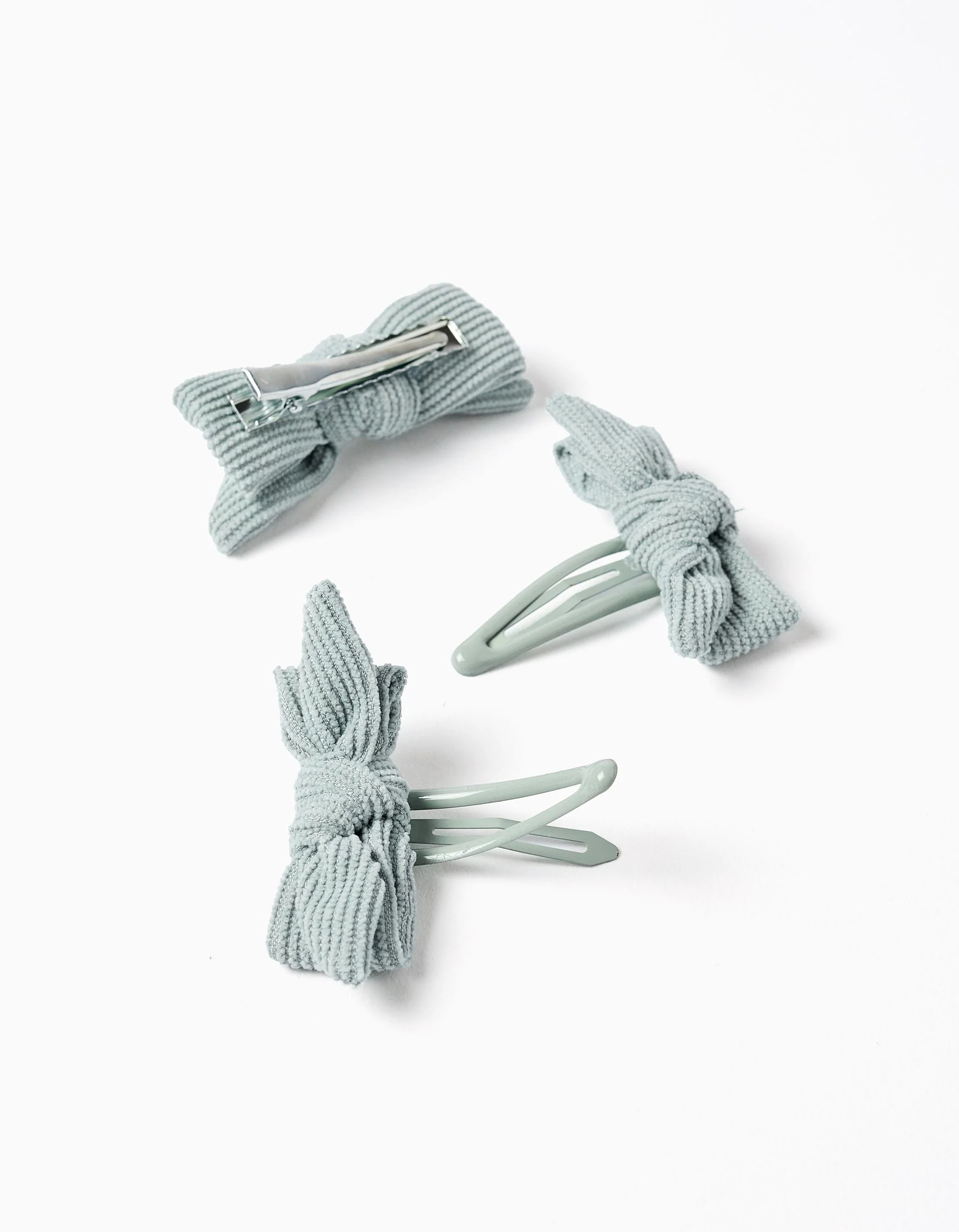 2 Hair Clips + Hair Slide with Corduroy Bow for Babies and Girls, Green