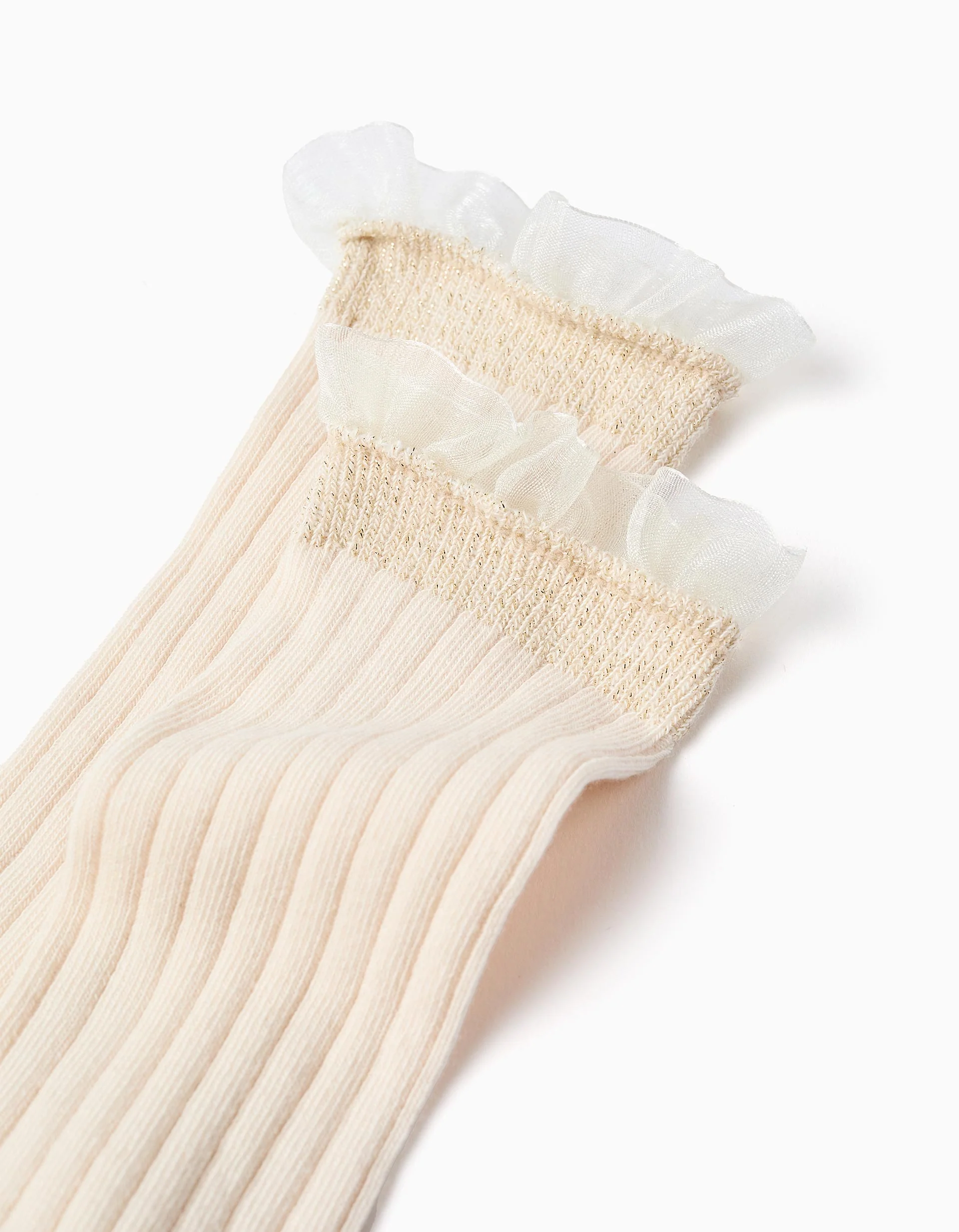 Ribbed high socks with tulle ruffles for girls, light beige