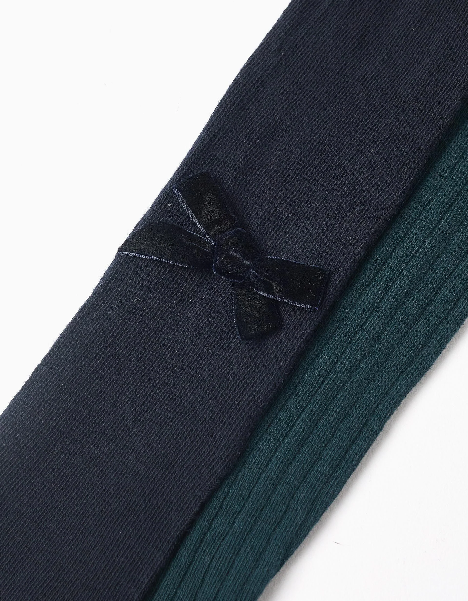 Pack of 2 tights ribbed/with bow for girls, dark blue/green