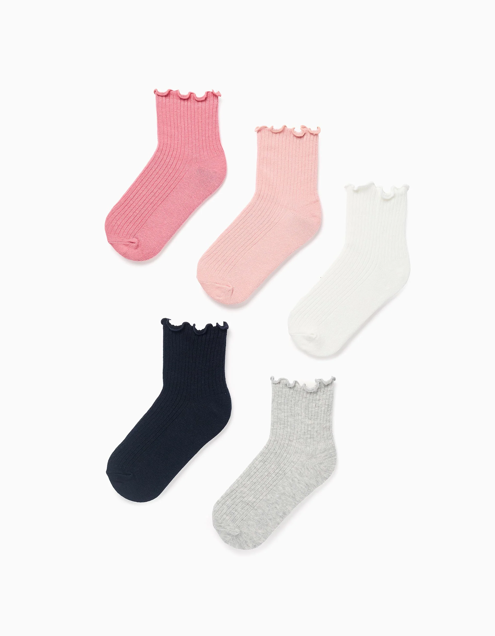 Pack 5 Pairs of Ribbed Socks with Wavy End for Girls, Multicolour
