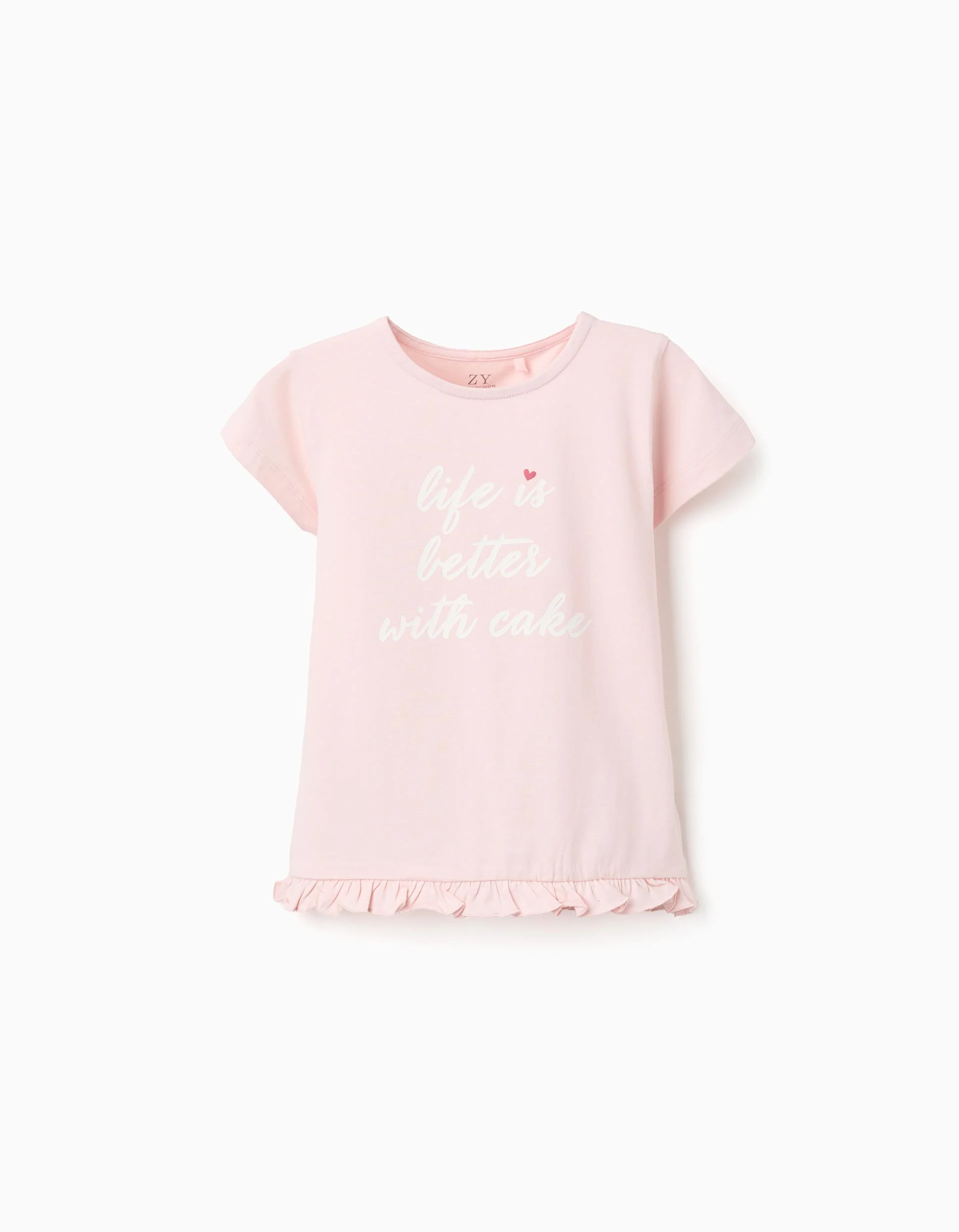 T-shirt with Front Print and Ruffle Hem for Girls, Light Pink