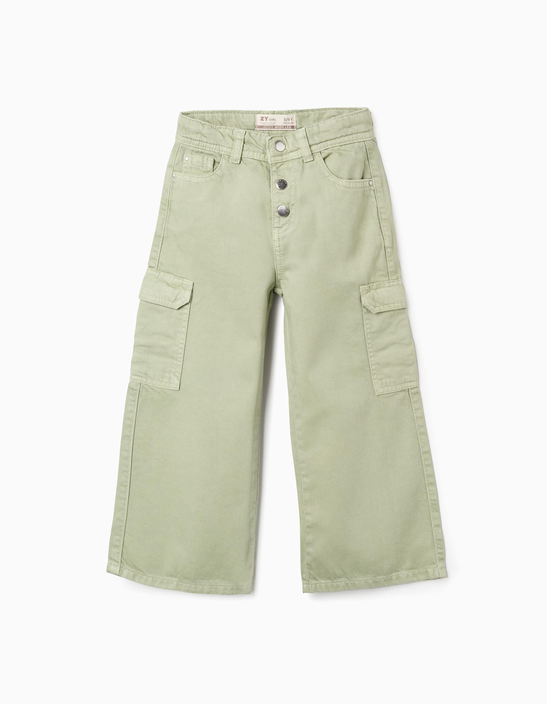 Cargo Twill Trousers for Girls 'Wide Leg', Green