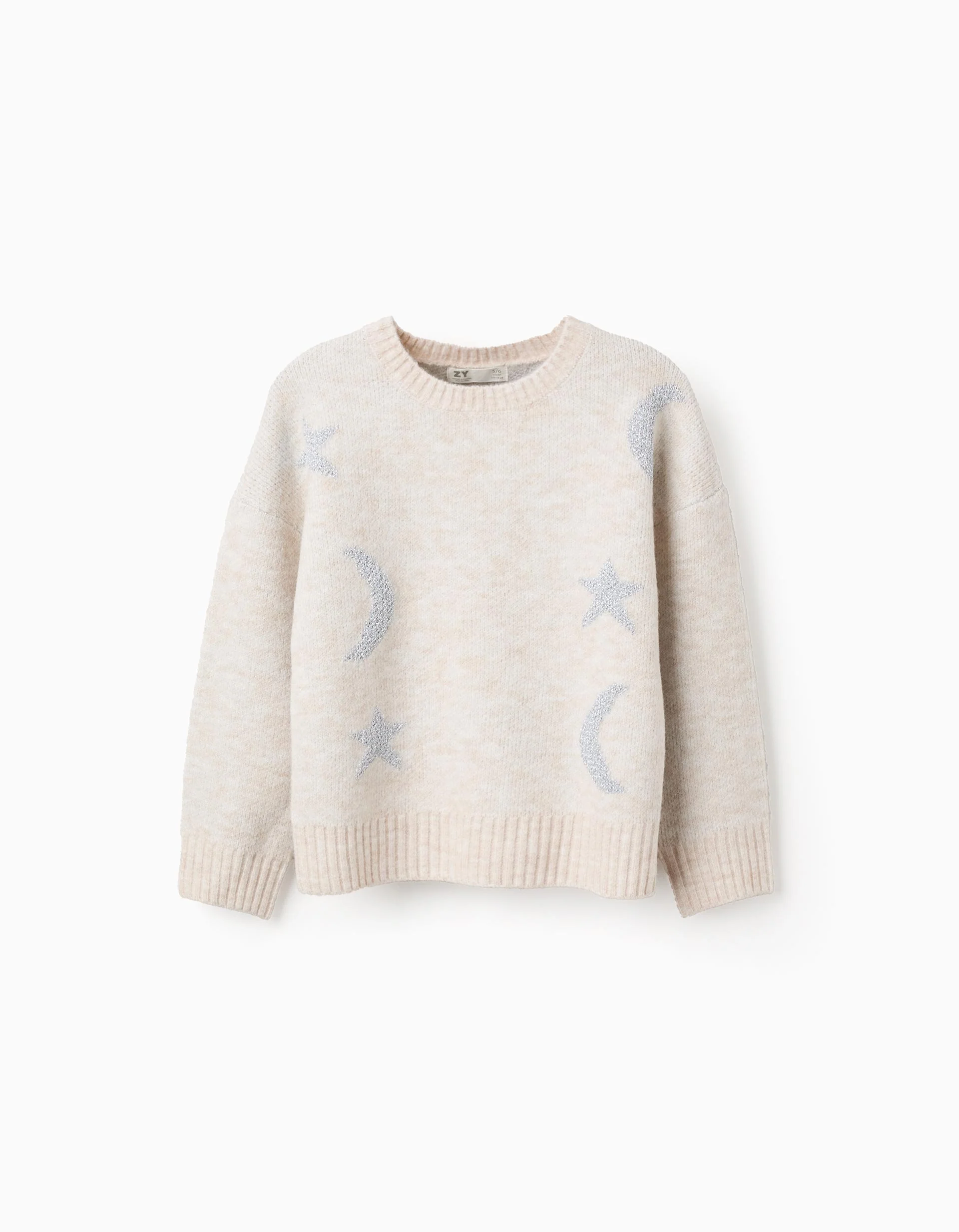 Knitted jumper with lurex moon and stars for girls, beige