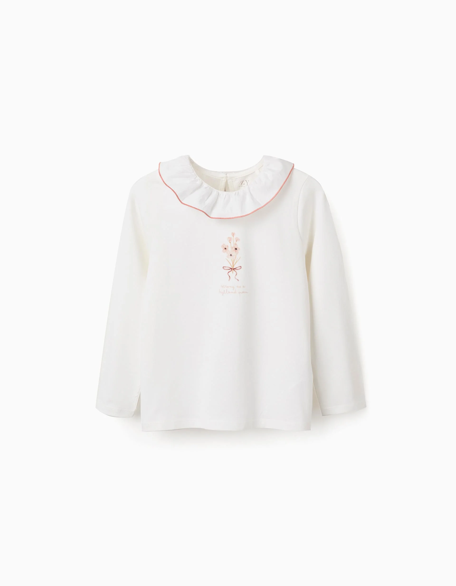 Long sleeve T-shirt with print and ruffled collar for girls, white