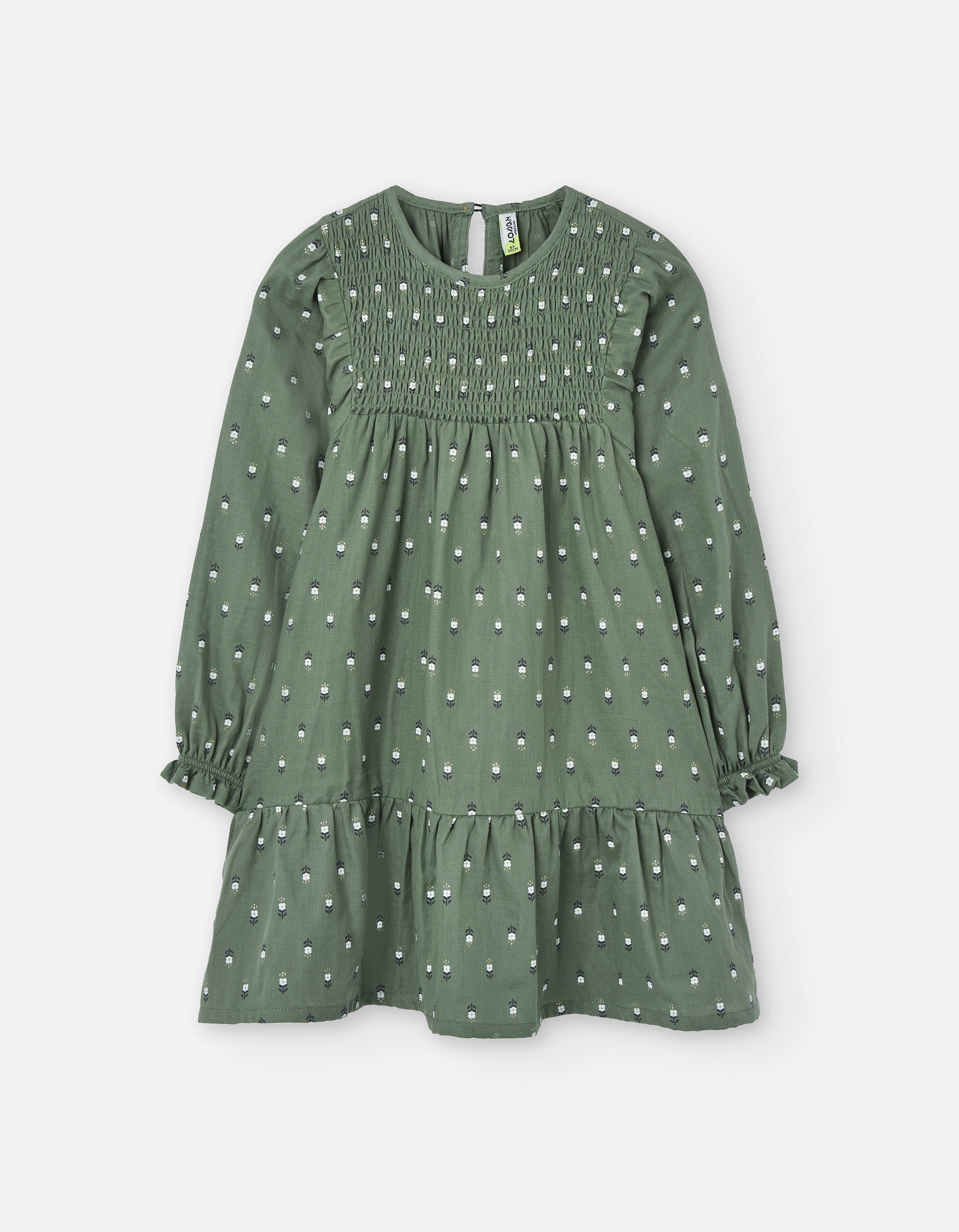 Cotton dress with floral motif and puffy sleeves for girls, green