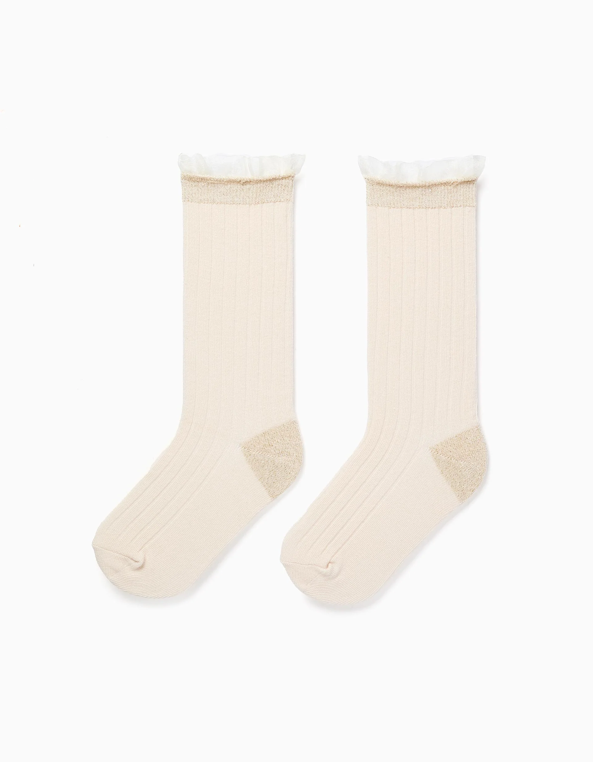 Ribbed high socks with tulle ruffles for girls, light beige