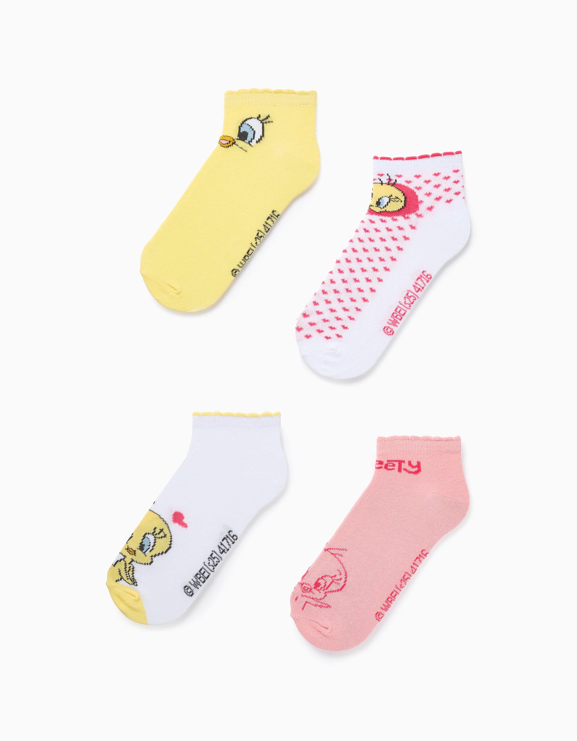 Pack of 4 Pairs of Socks with Tweety for Girls, Yellow/White/Pink