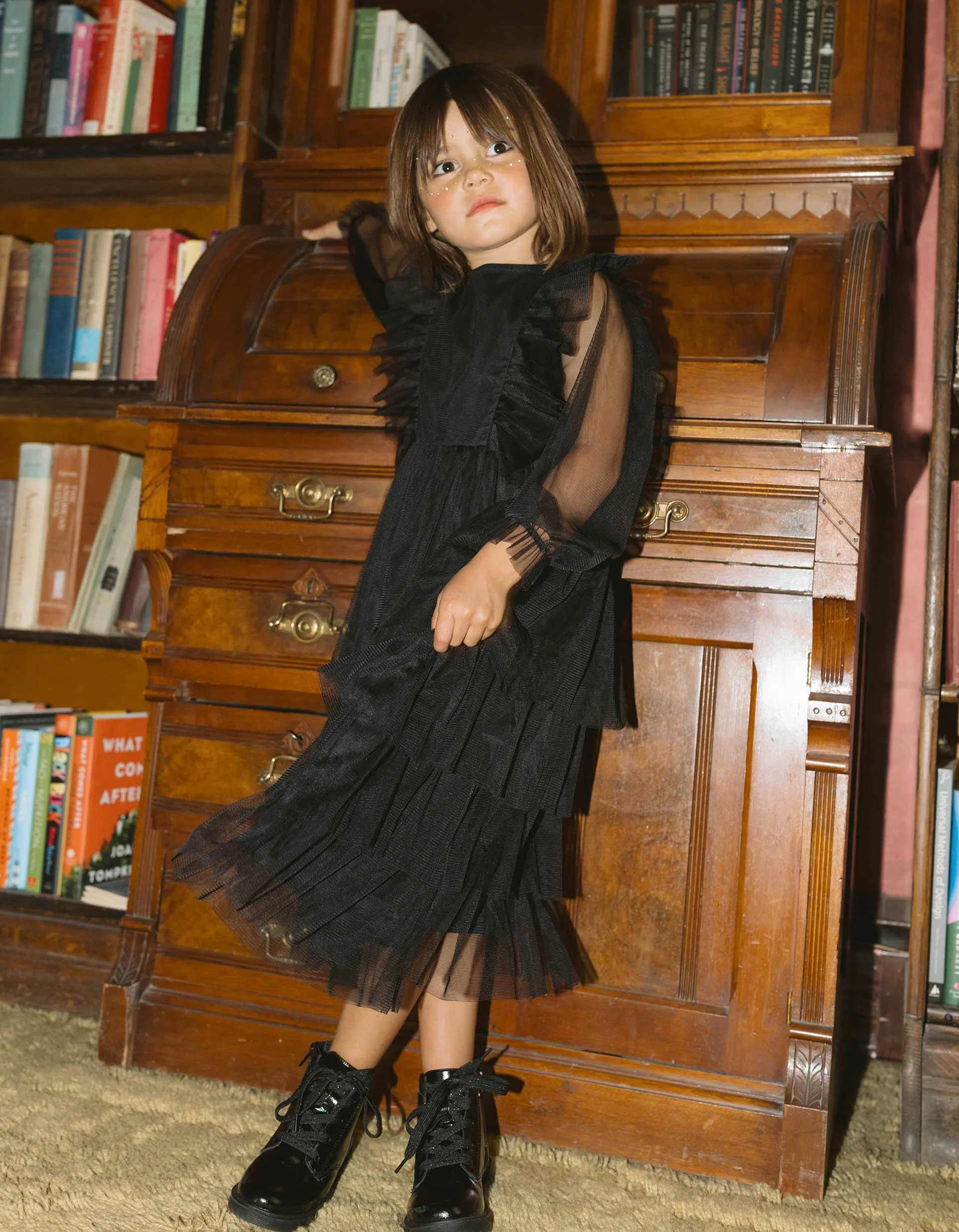 Layered tulle dress with ruffles for girls, black