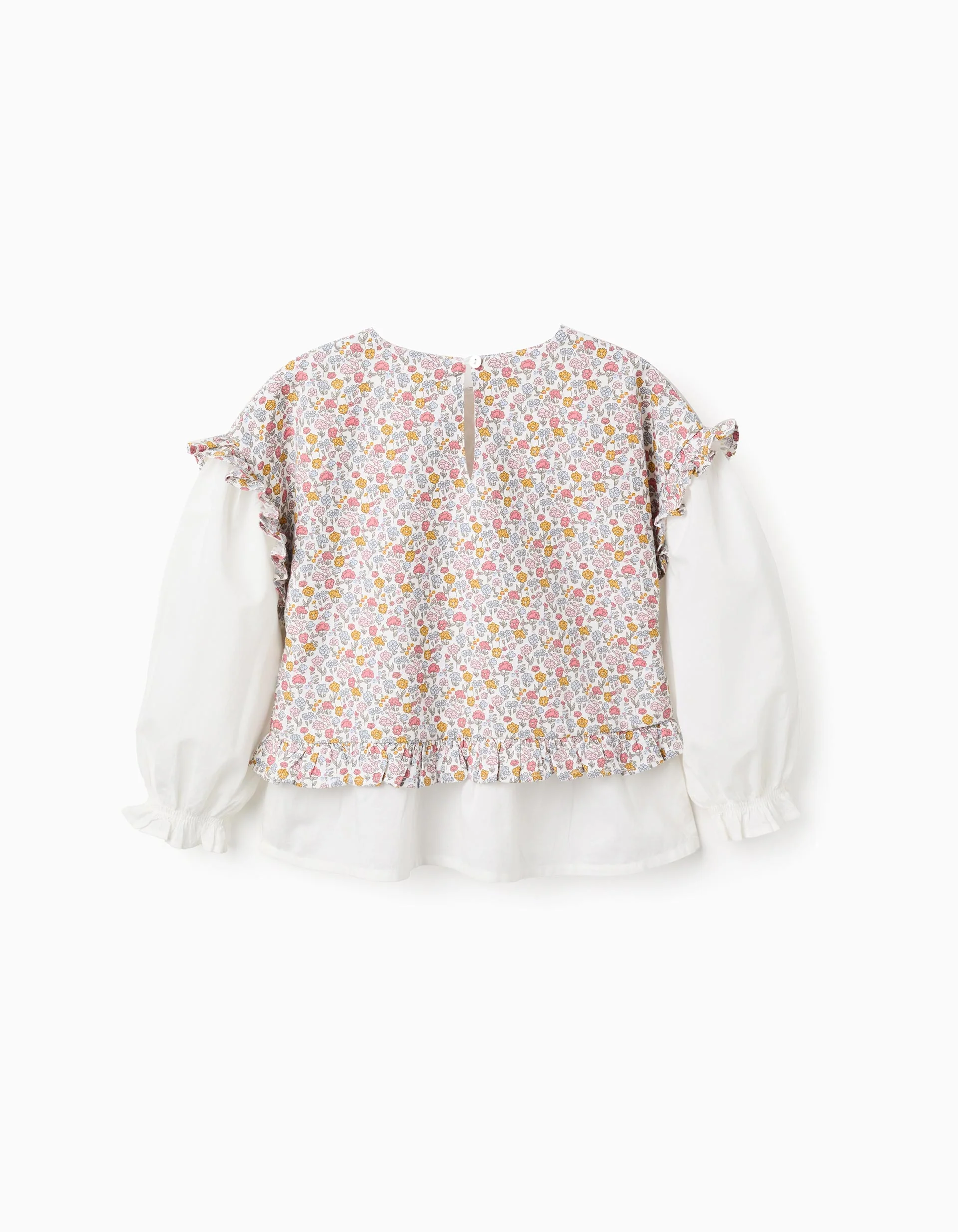 Floral Dual-Fabric Cotton Blouse for Girls, Multicolour