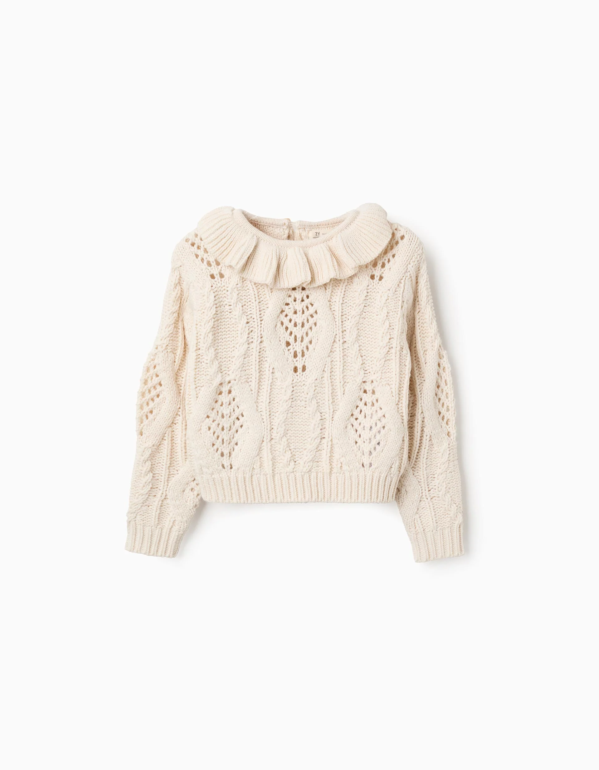 Thick Knit Jumper with Ruffle Collar for Girls, Beige
