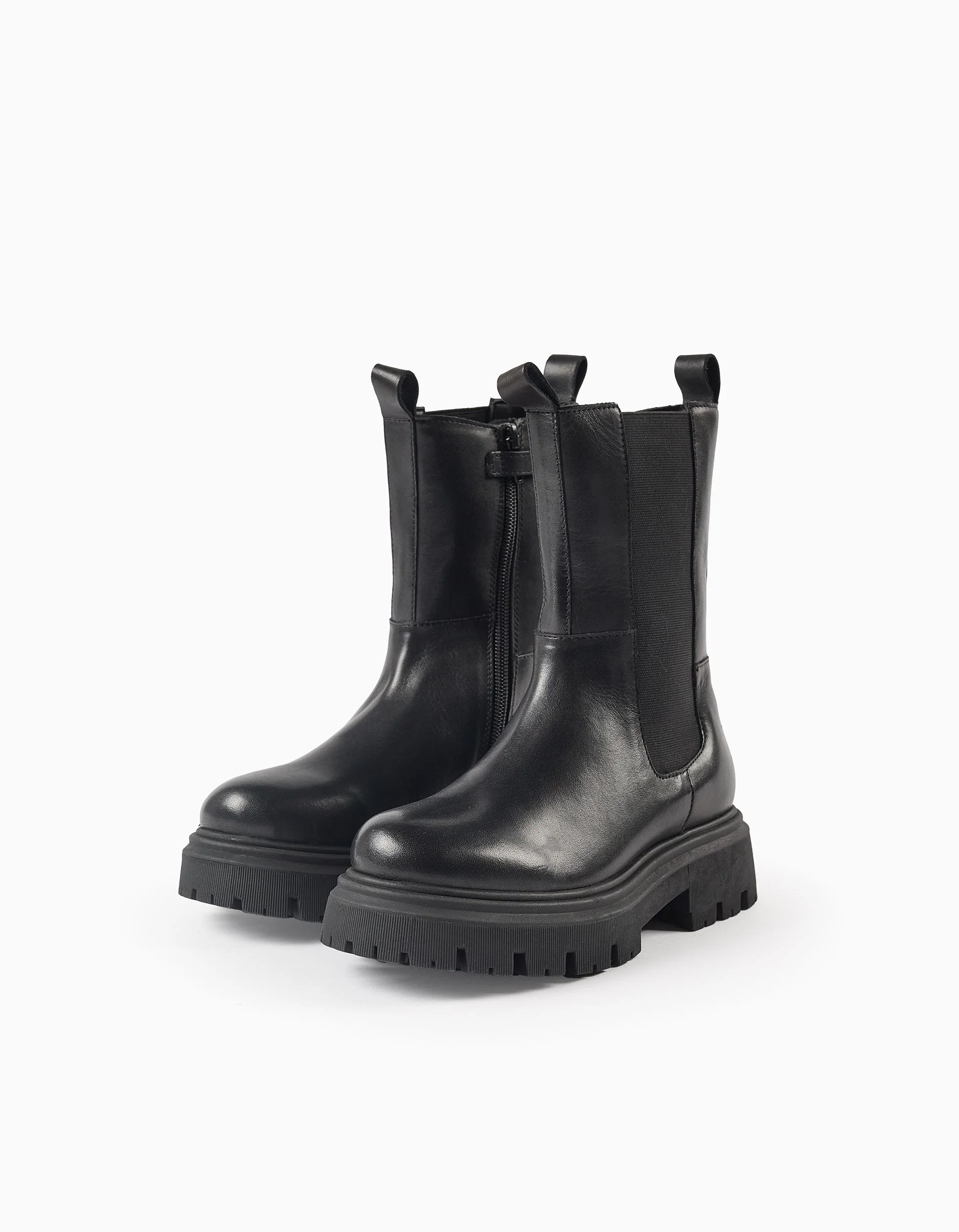 Leather Boots with Elastic Panel for Girls, Black