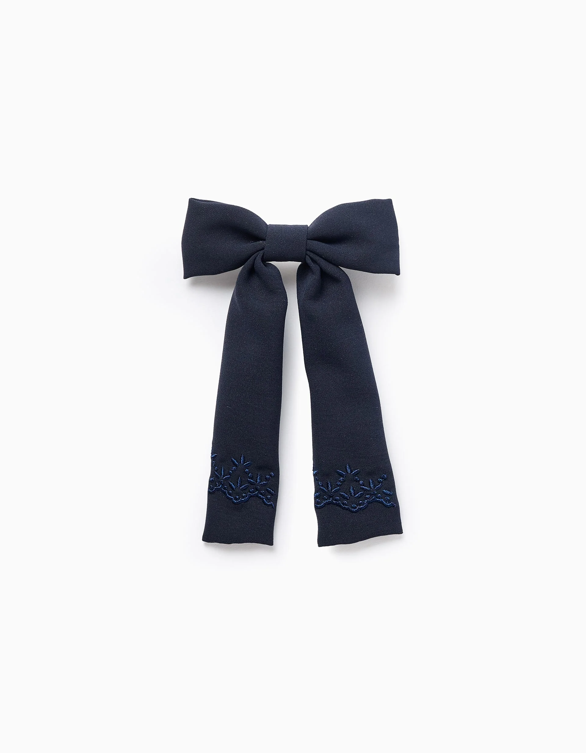 Hair Slide with Bow and Embroidery for Babies and Girls, Dark Blue
