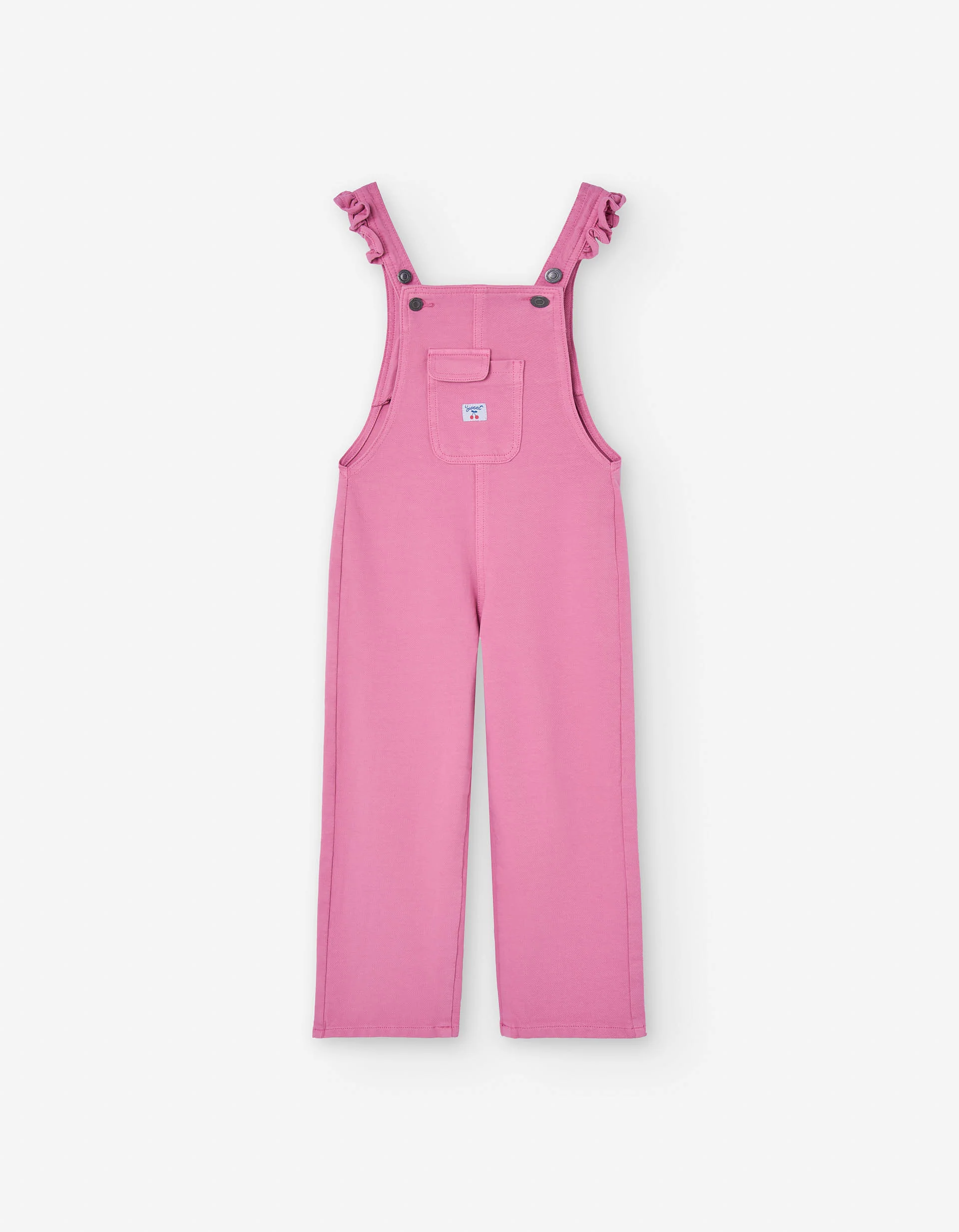 Wide leg denim dungarees with ruffles for girls, pink