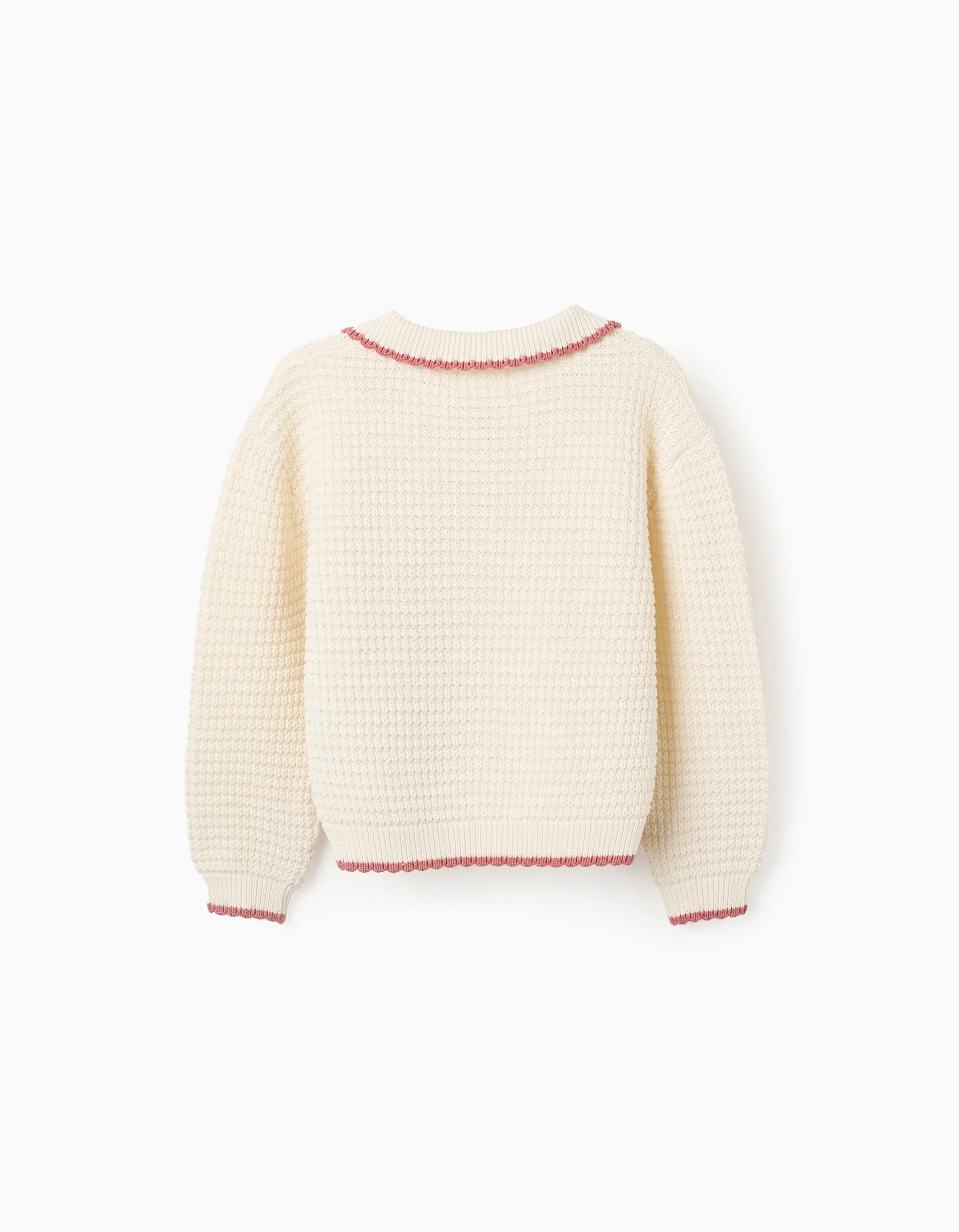 Cotton knit jumper with polo collar for girls, white/pink