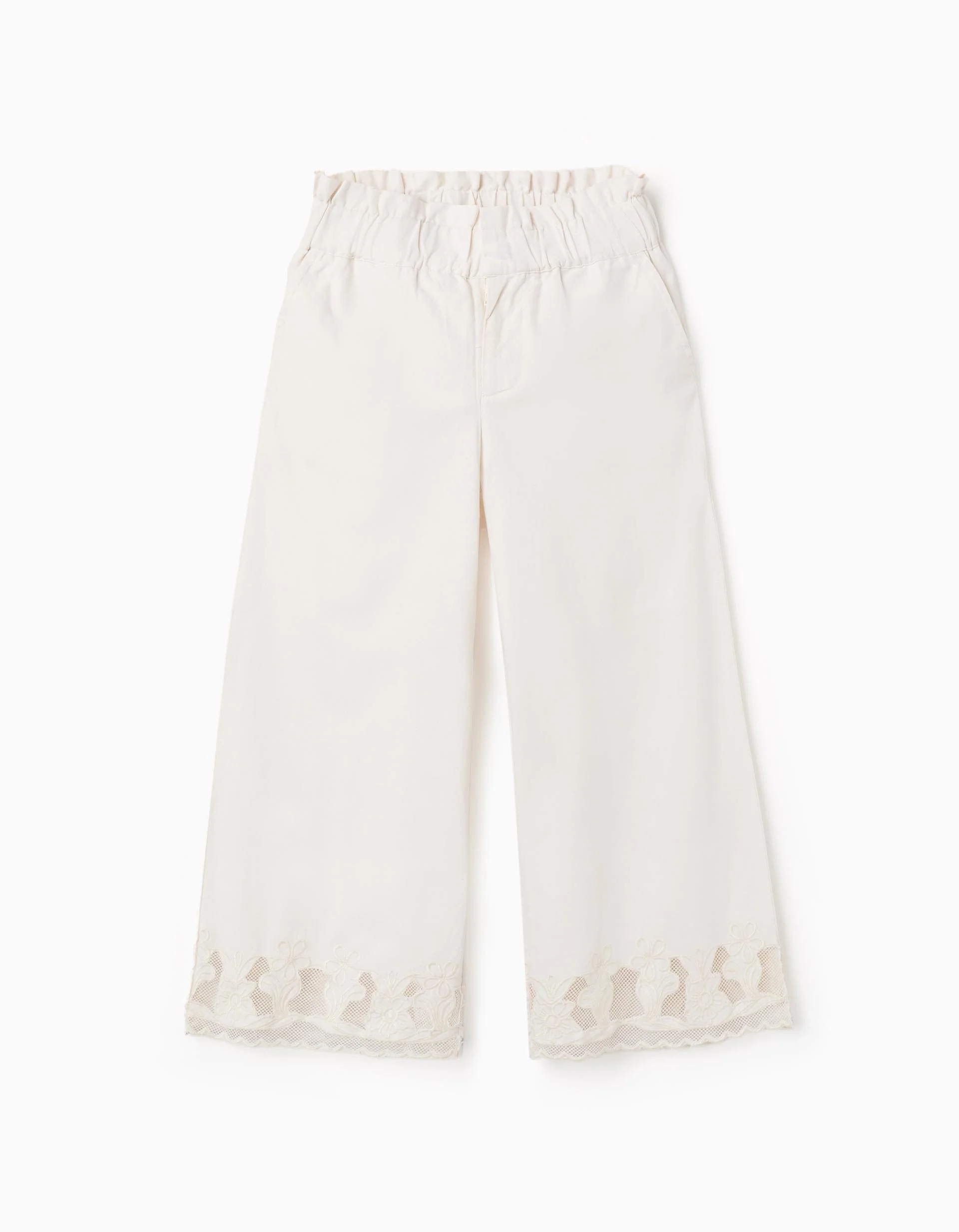 Wide leg cotton trousers with embroidered flowers for girls, white