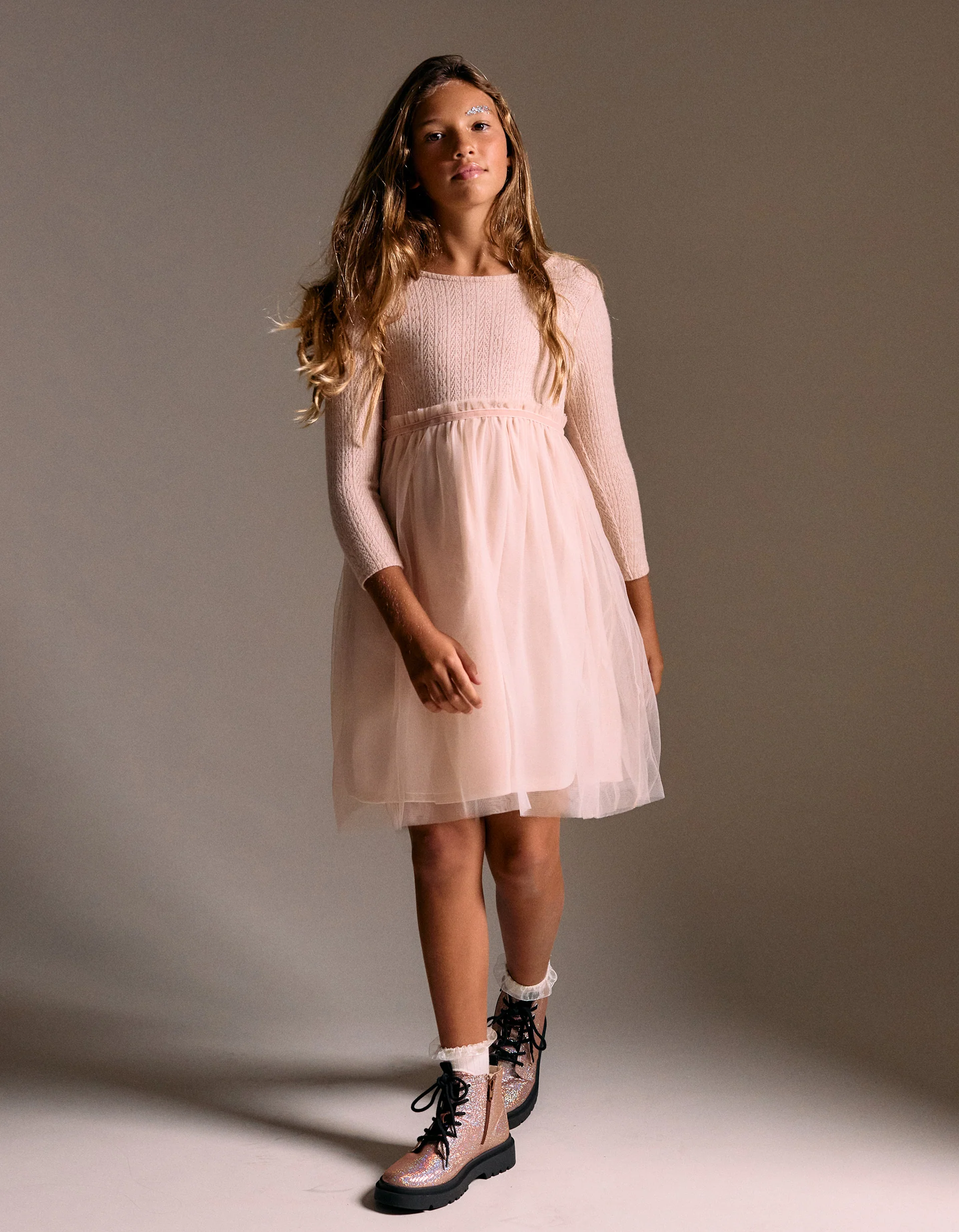 Dual-fabric dress with openwork knit and tulle for girls, pink