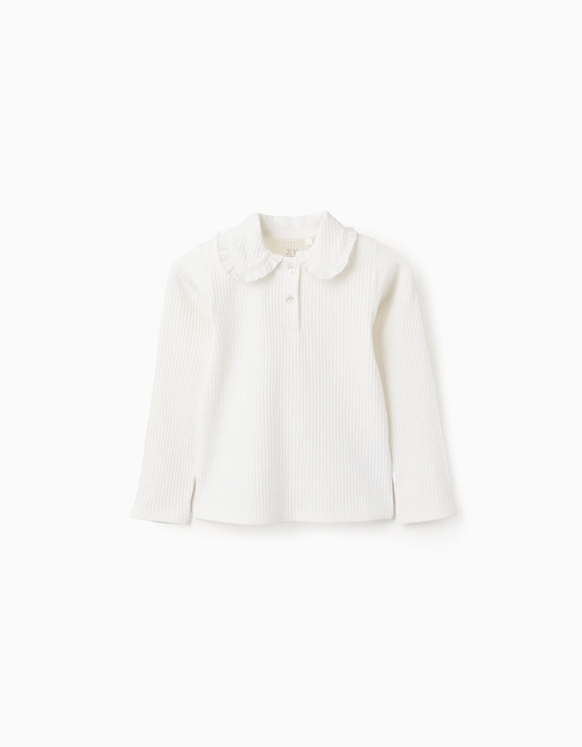 Ribbed T-shirt with Peter Pan Collar and Buttons for Girls, Beige