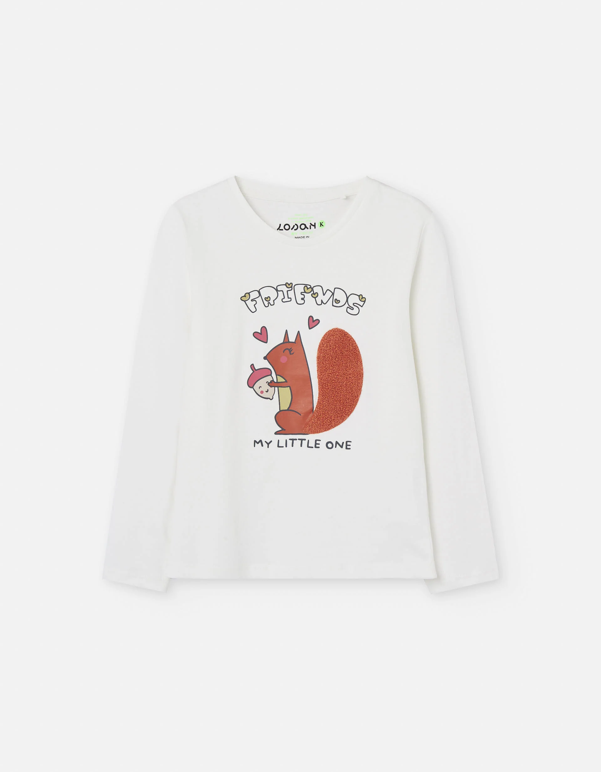 Long sleeve cotton T-shirt with squirrel print for girls, white