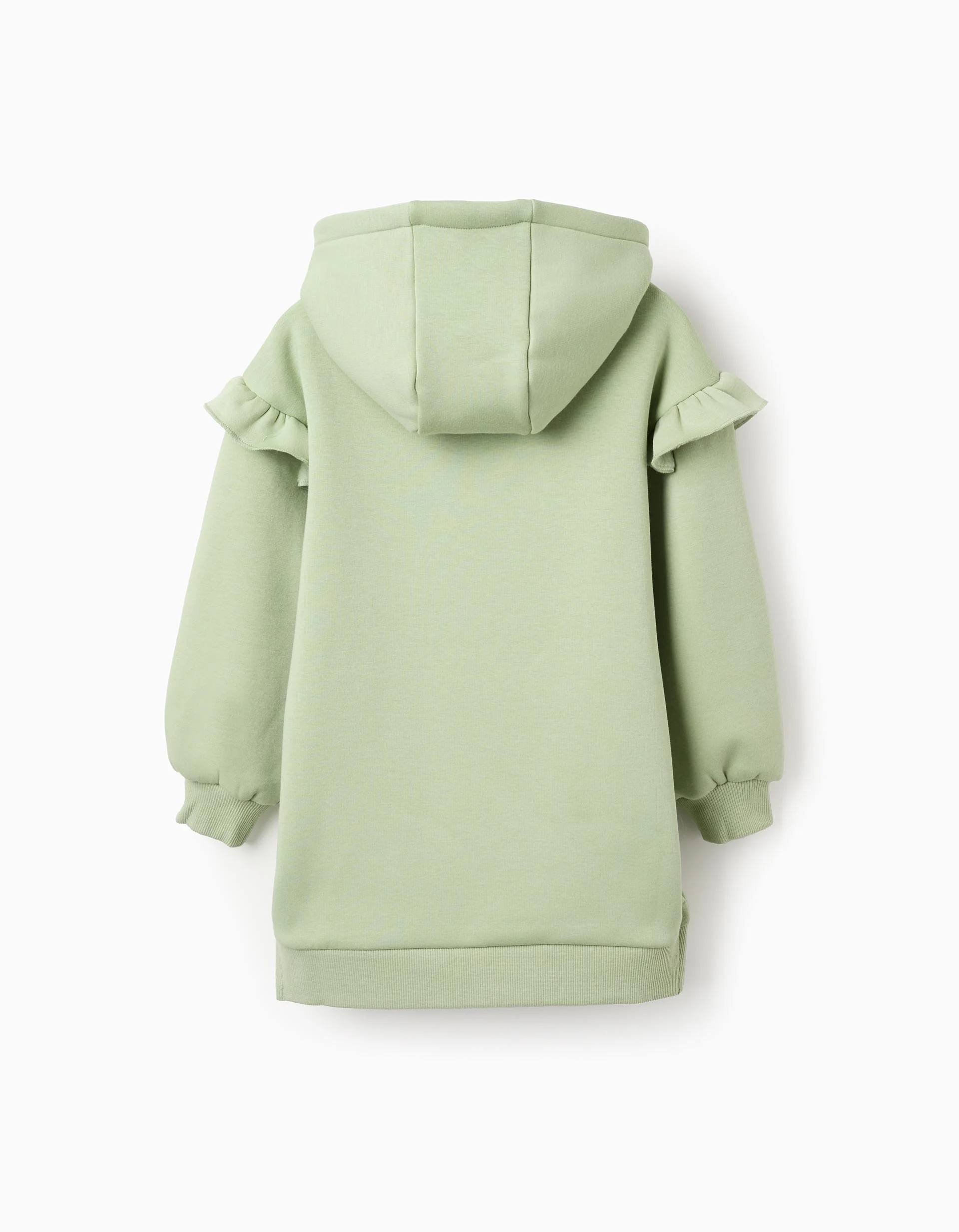 Hooded dress with plush lining and ruffles for girls, light green