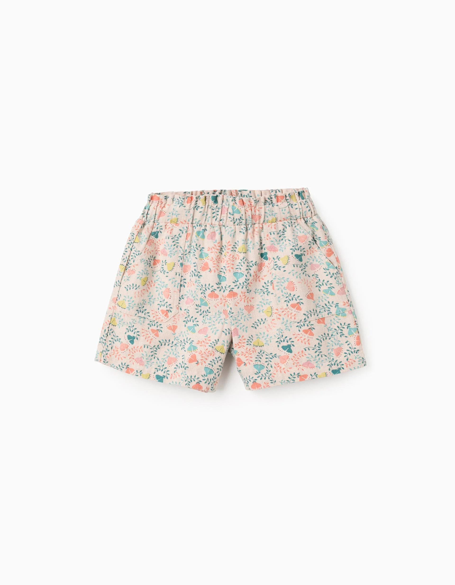 Twill Shorts with Colourful Floral Motif for Girls, Beige