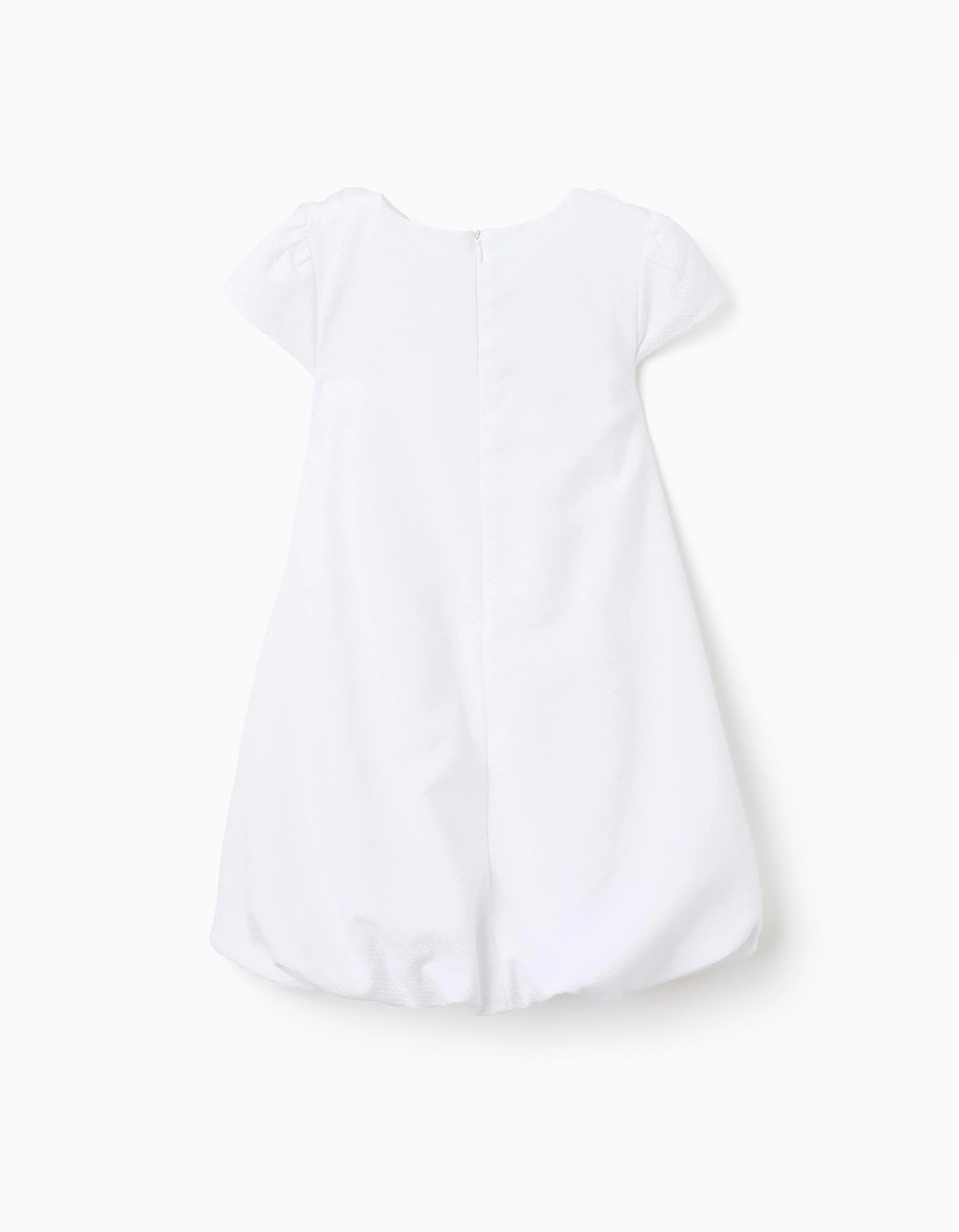 Cotton dress with balloon effect and flowers for girls, white