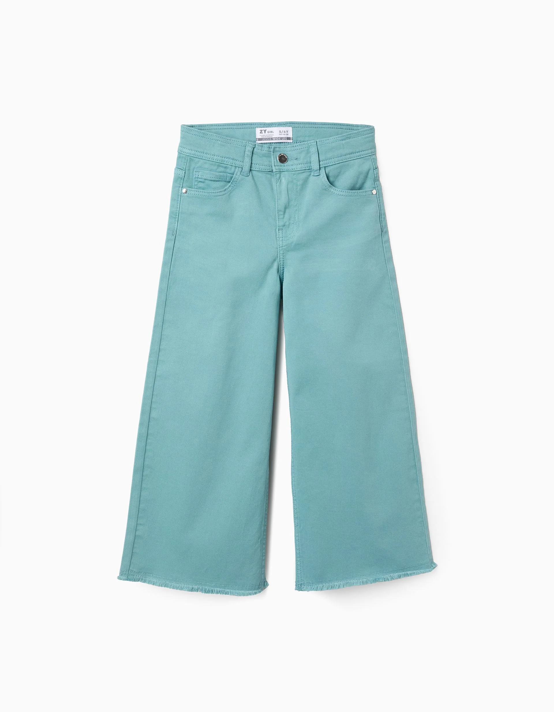 Wide Leg Twill Trousers with Frayed Hems for Girls, Aqua Green