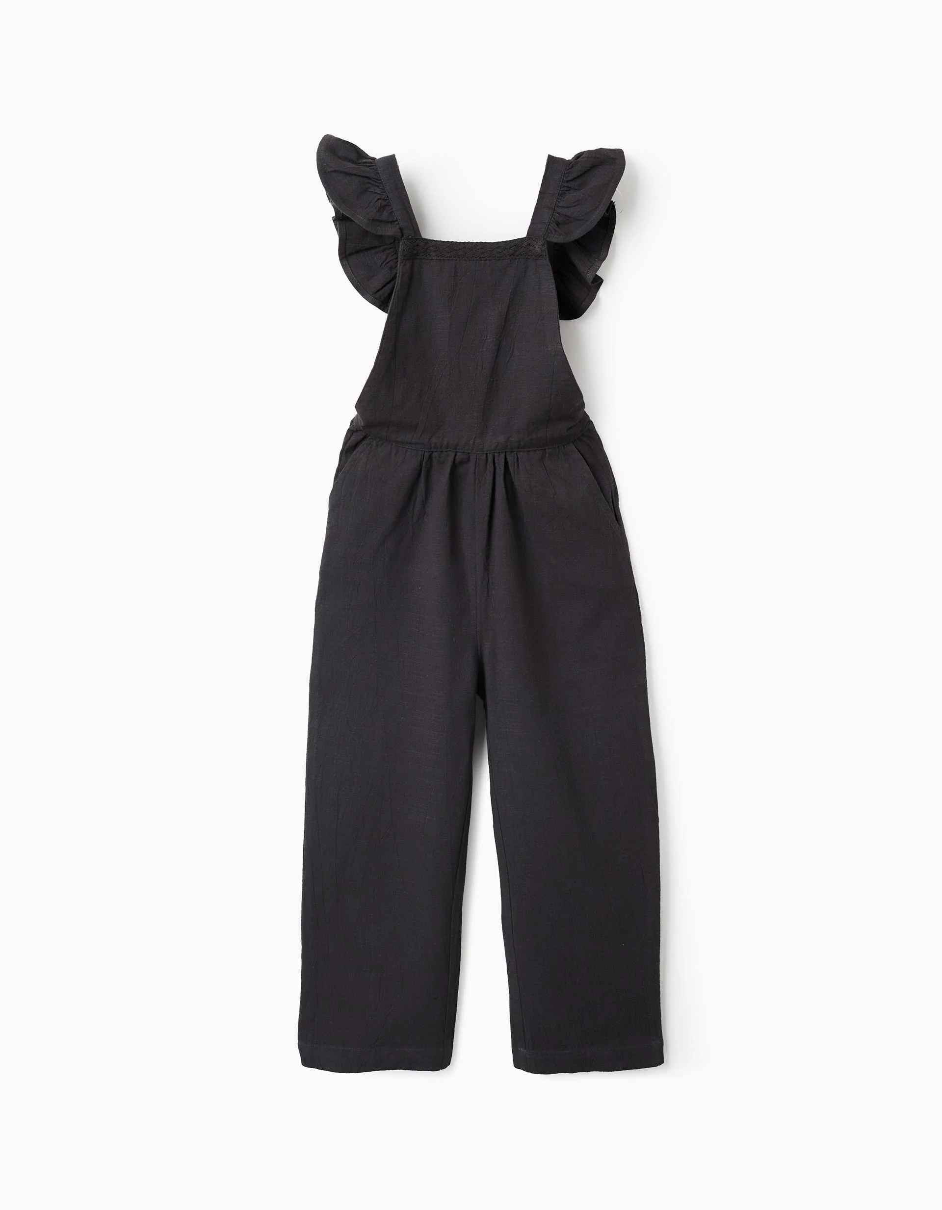 Slub Cotton Dungarees with Ruffles for Girls, Dark Grey