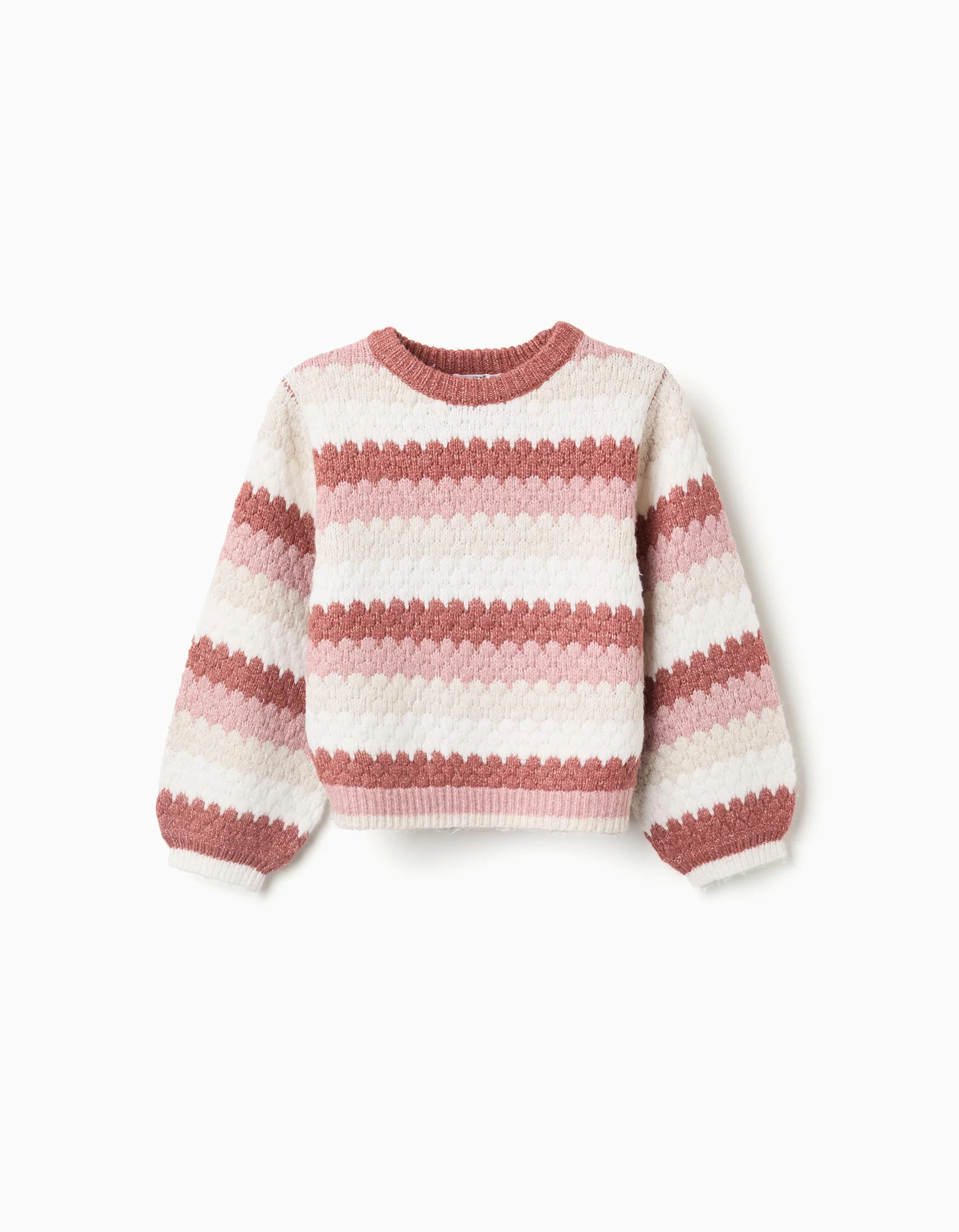 Striped knitted jumper with puffy sleeves for girls, multicolour