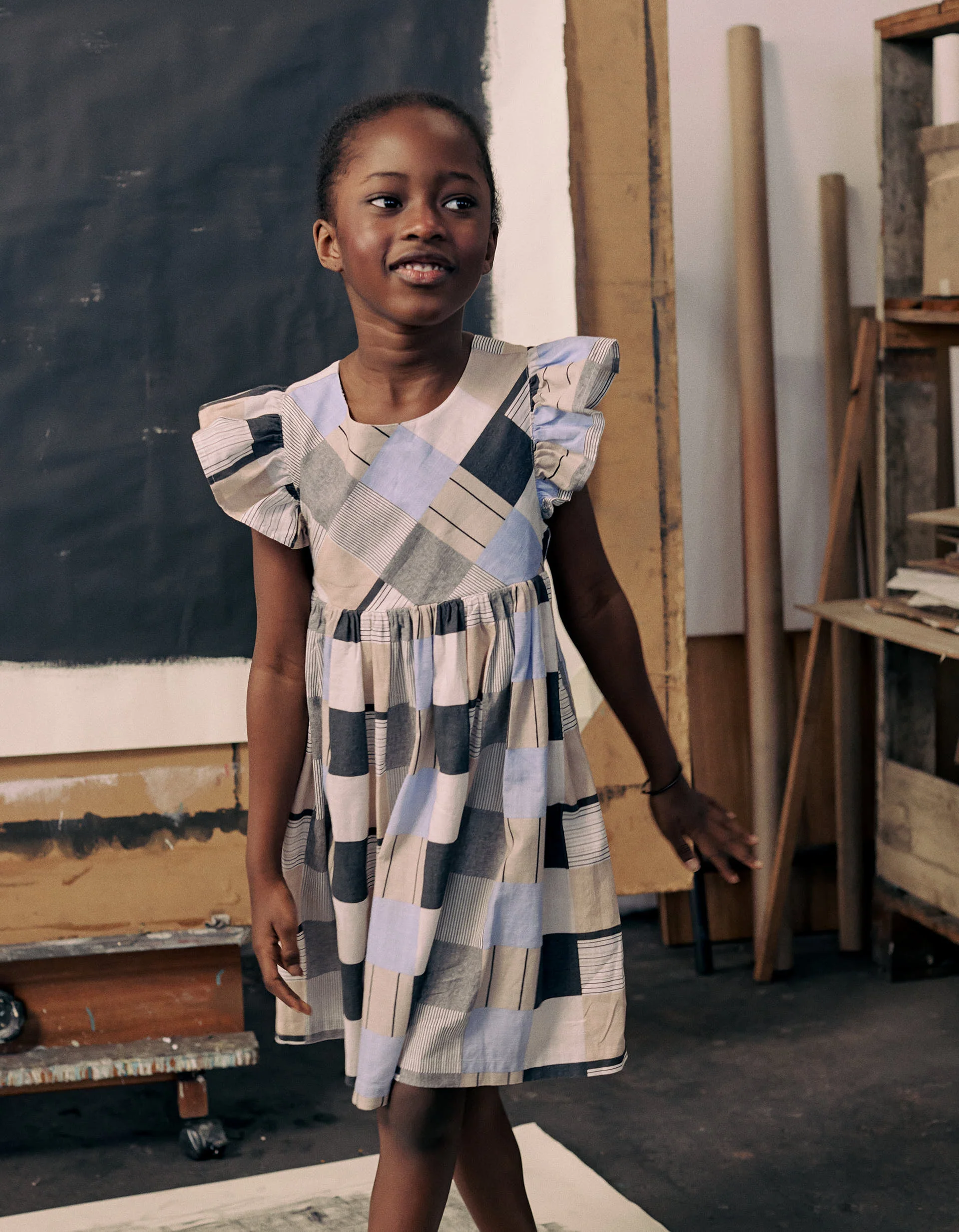 Dress with Motif and Ruffles for Girls 'B&S', Beige/Grey/Blue