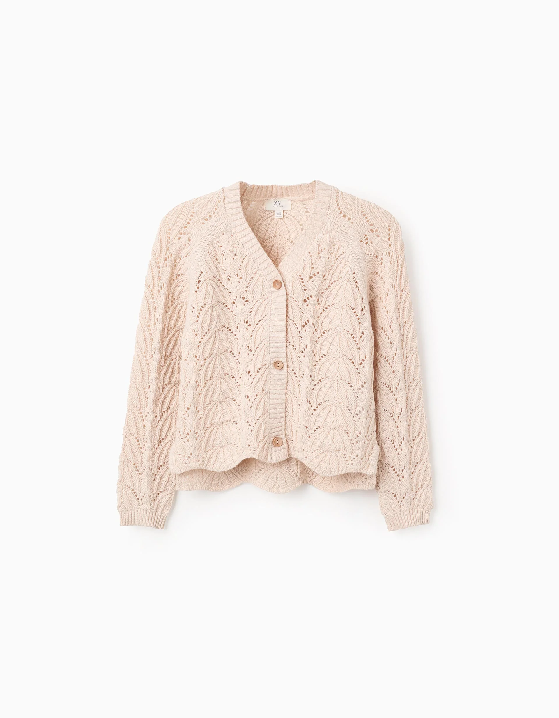 Knitted Openwork Cardigan with V-neck for Girls, Beige