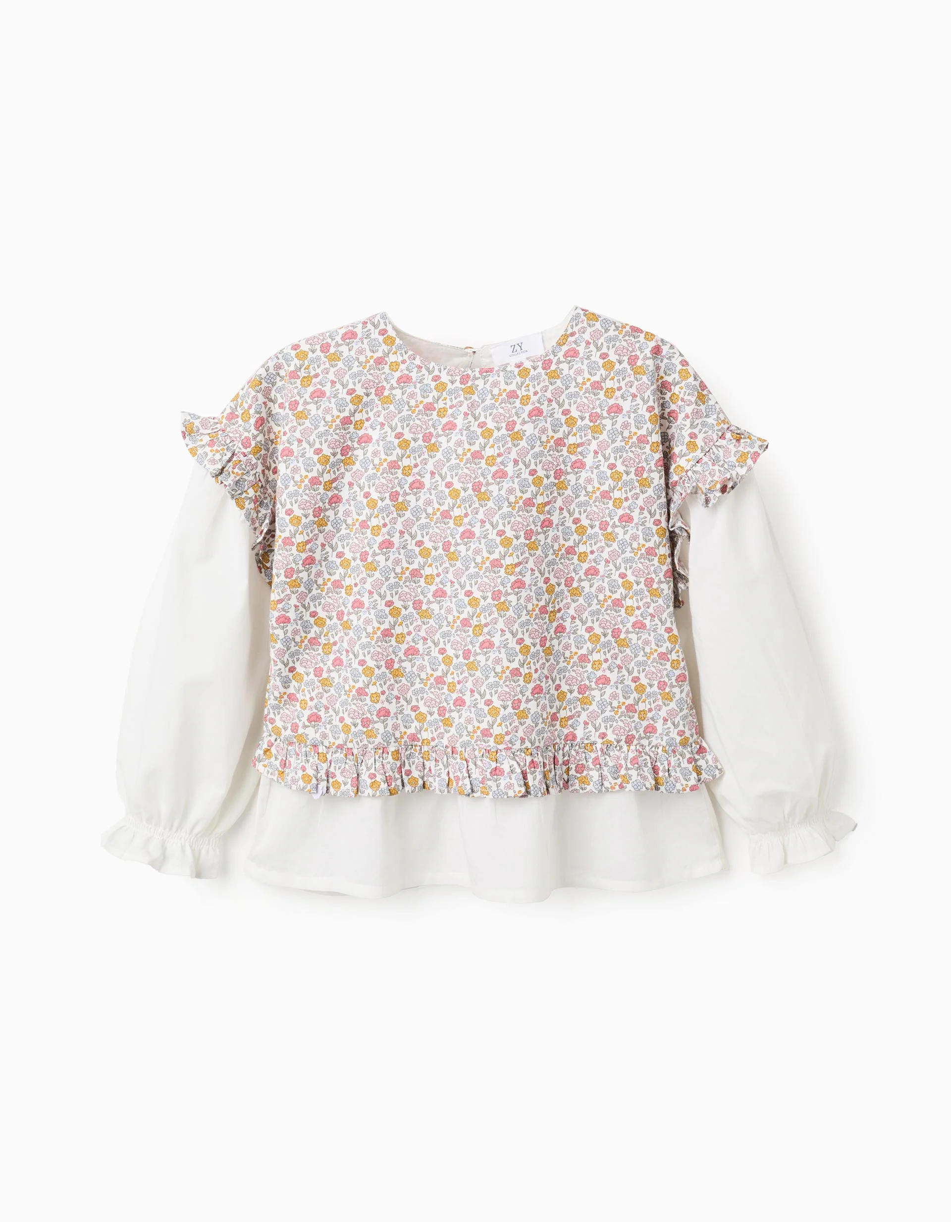 Floral Dual-Fabric Cotton Blouse for Girls, Multicolour