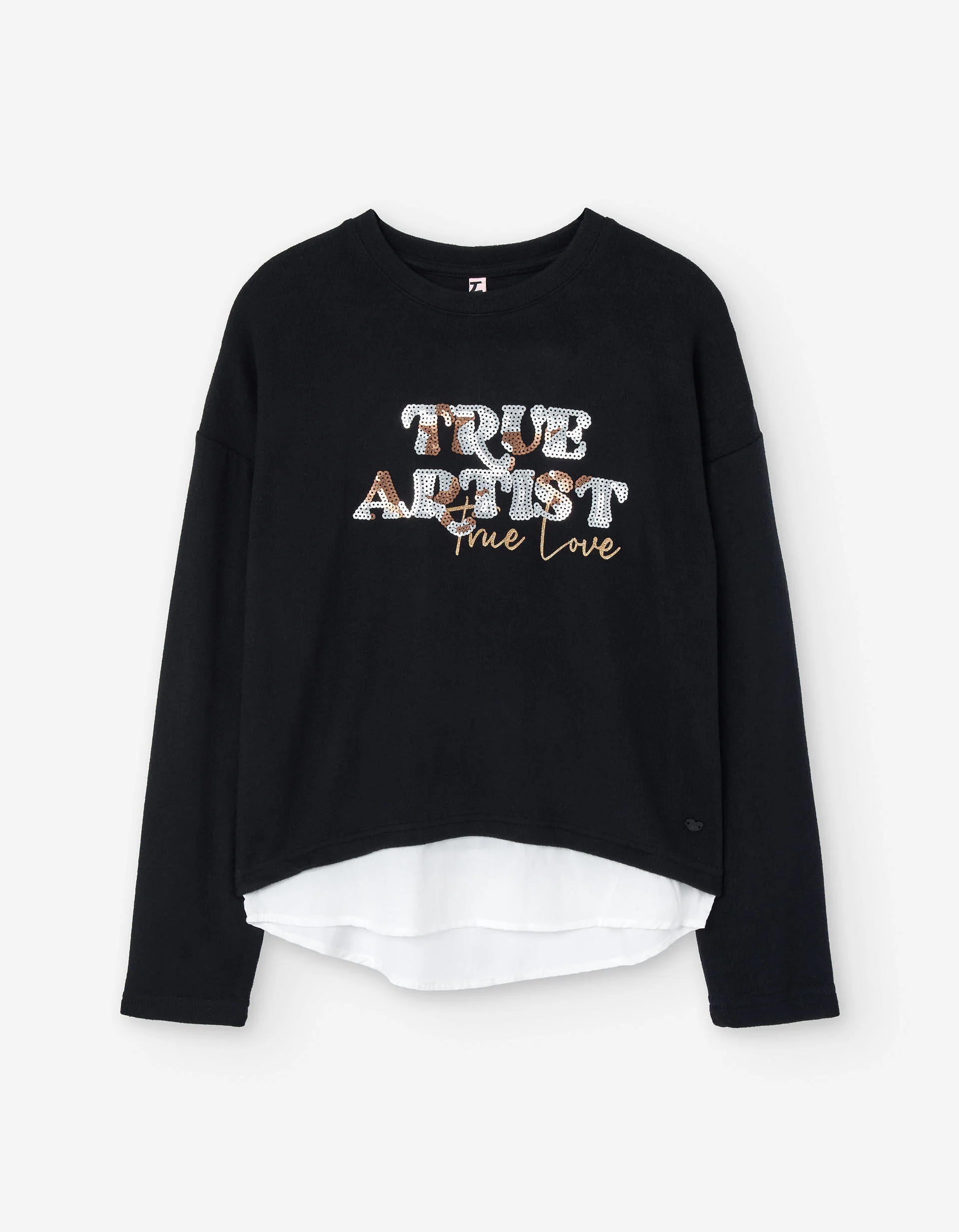 Long sleeve T-shirt with front print and sequins for girls, black