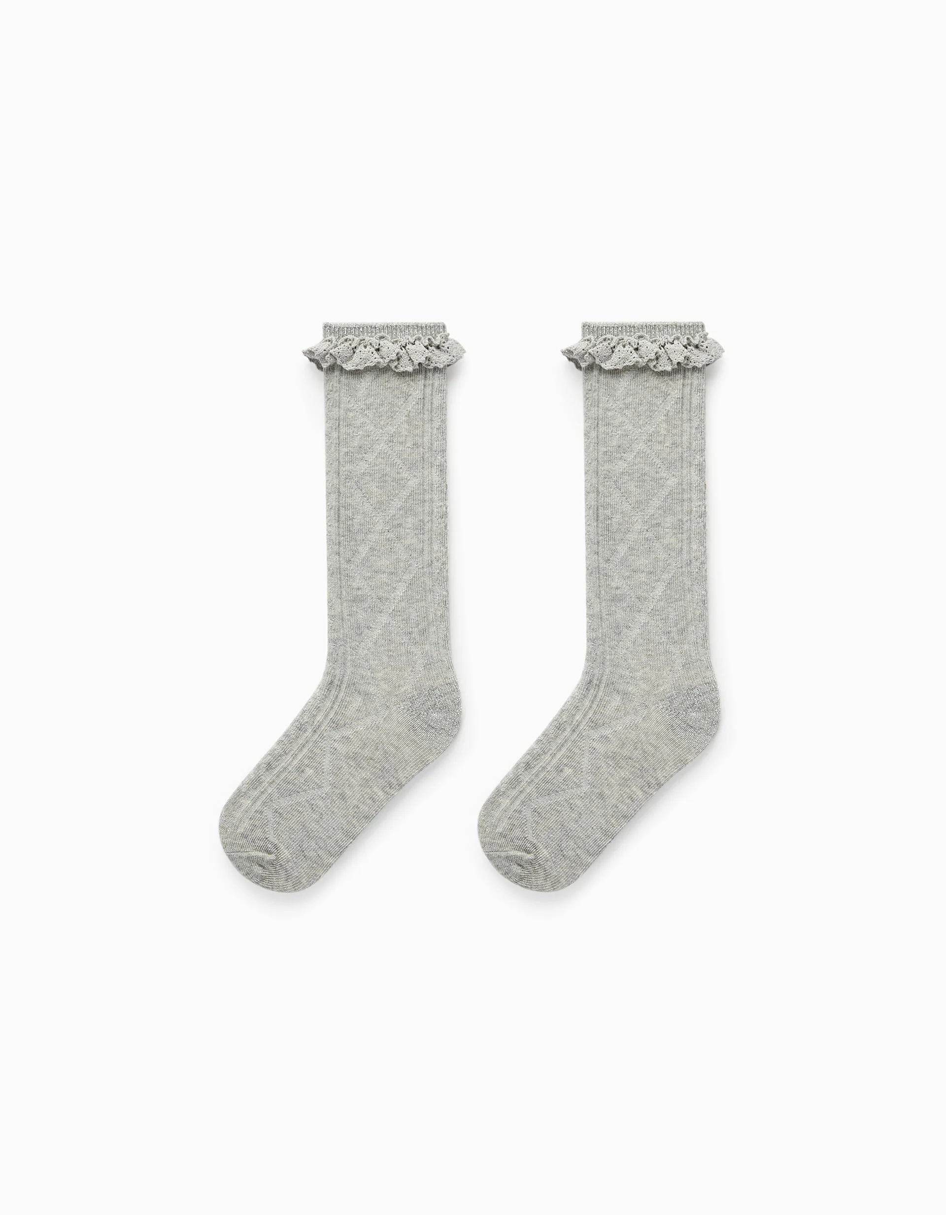 High Socks with Crochet Frills for Girls, Grey