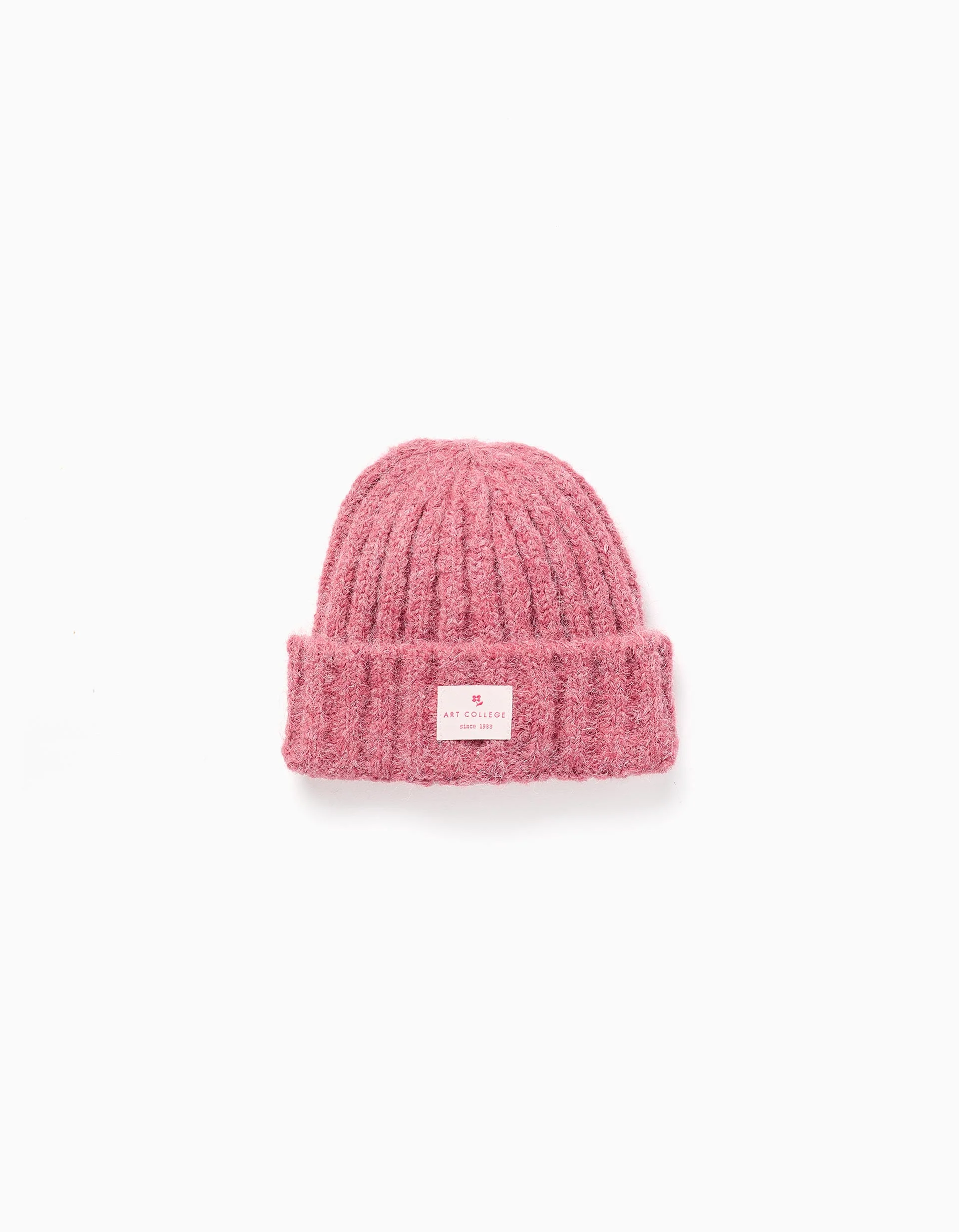 Thick cable knit beanie for girls, dark pink