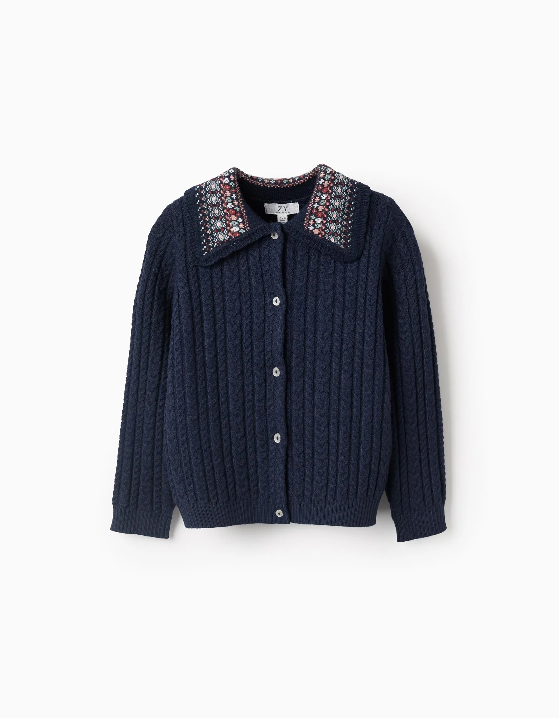 Knitted Cardigan with Floral Collar for Girls, Dark Blue