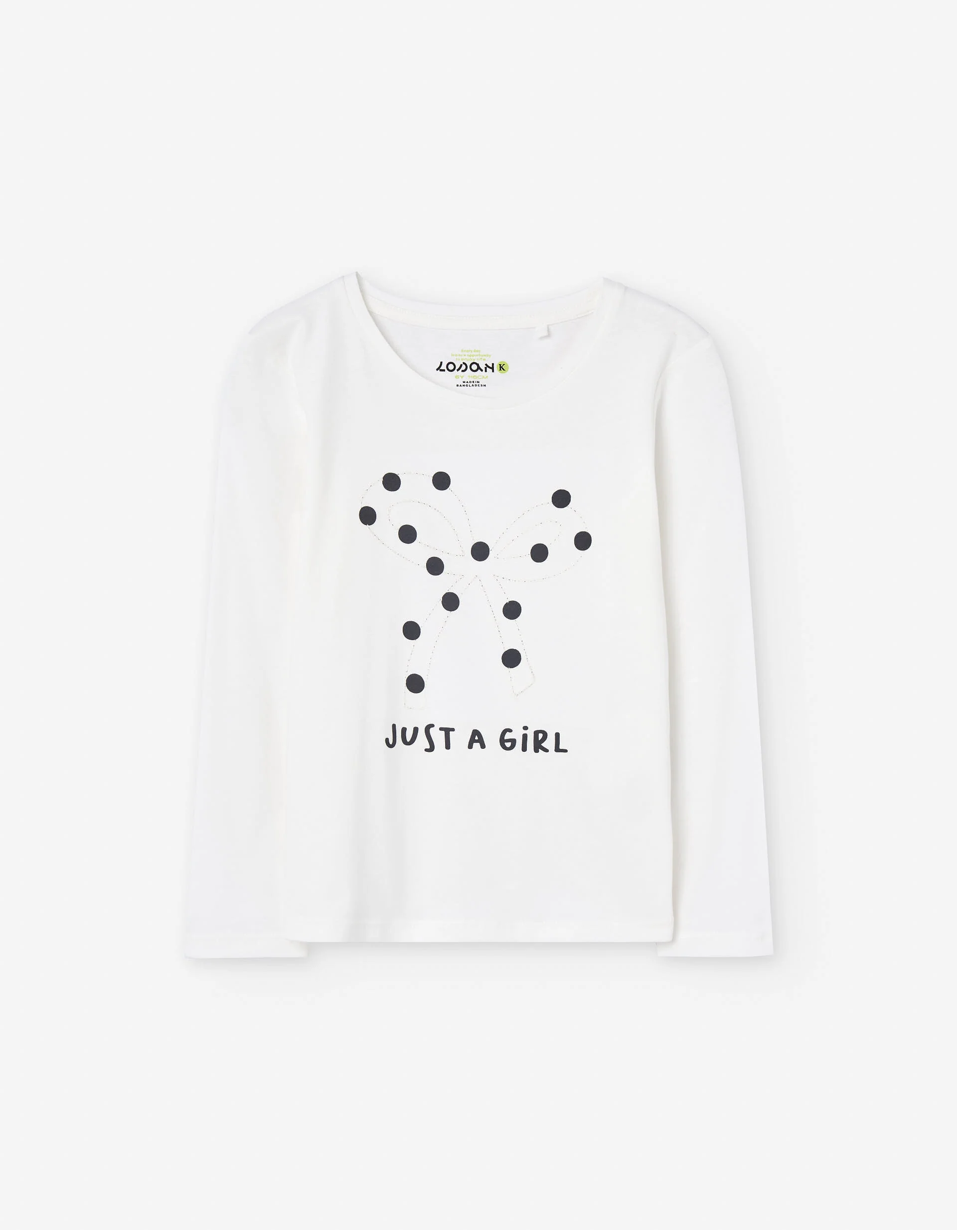 Long sleeve cotton T-shirt with bow and polka dots for girls, white