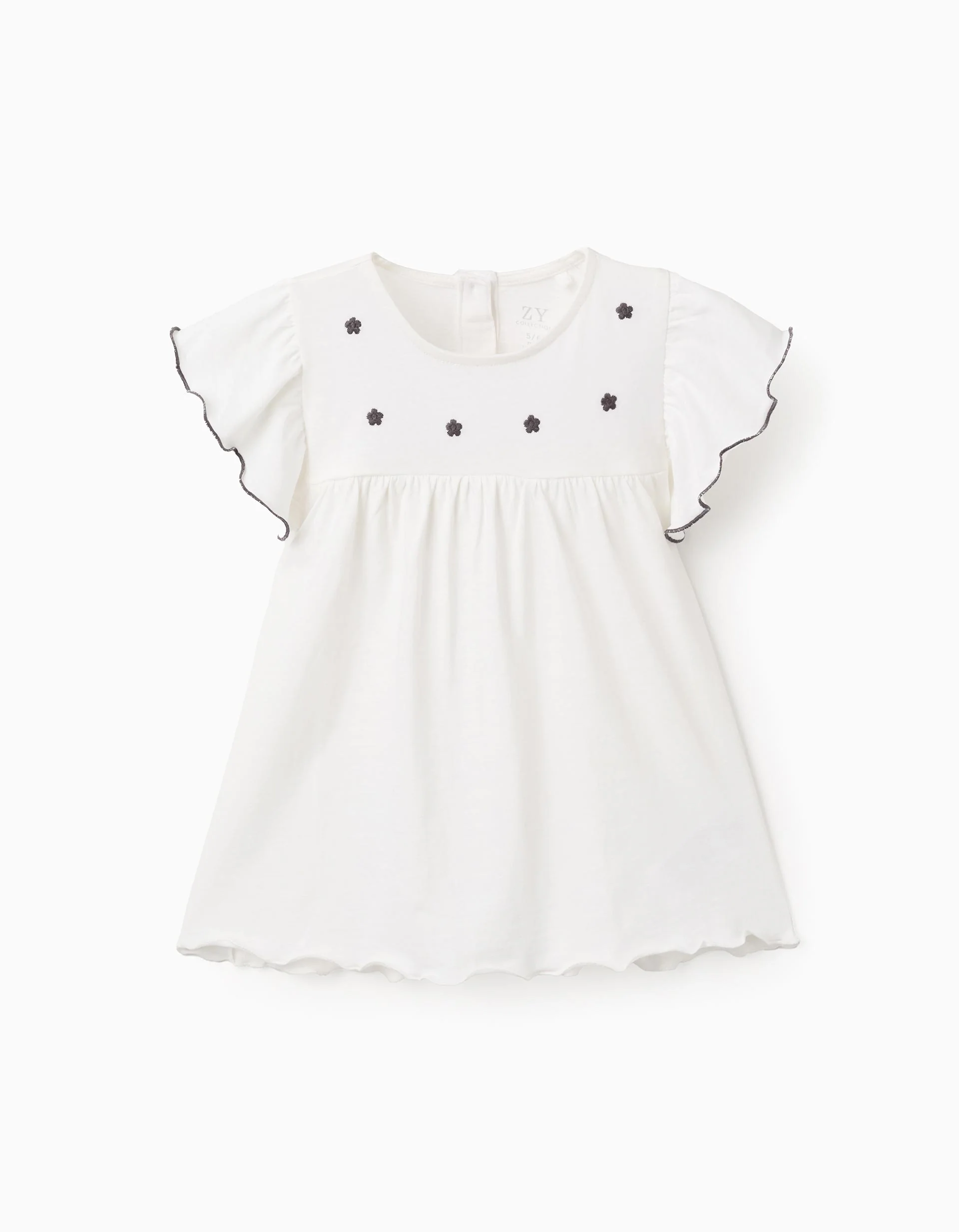 Cotton T-shirt with Ruffles and Flower Embroidery for Girls, White