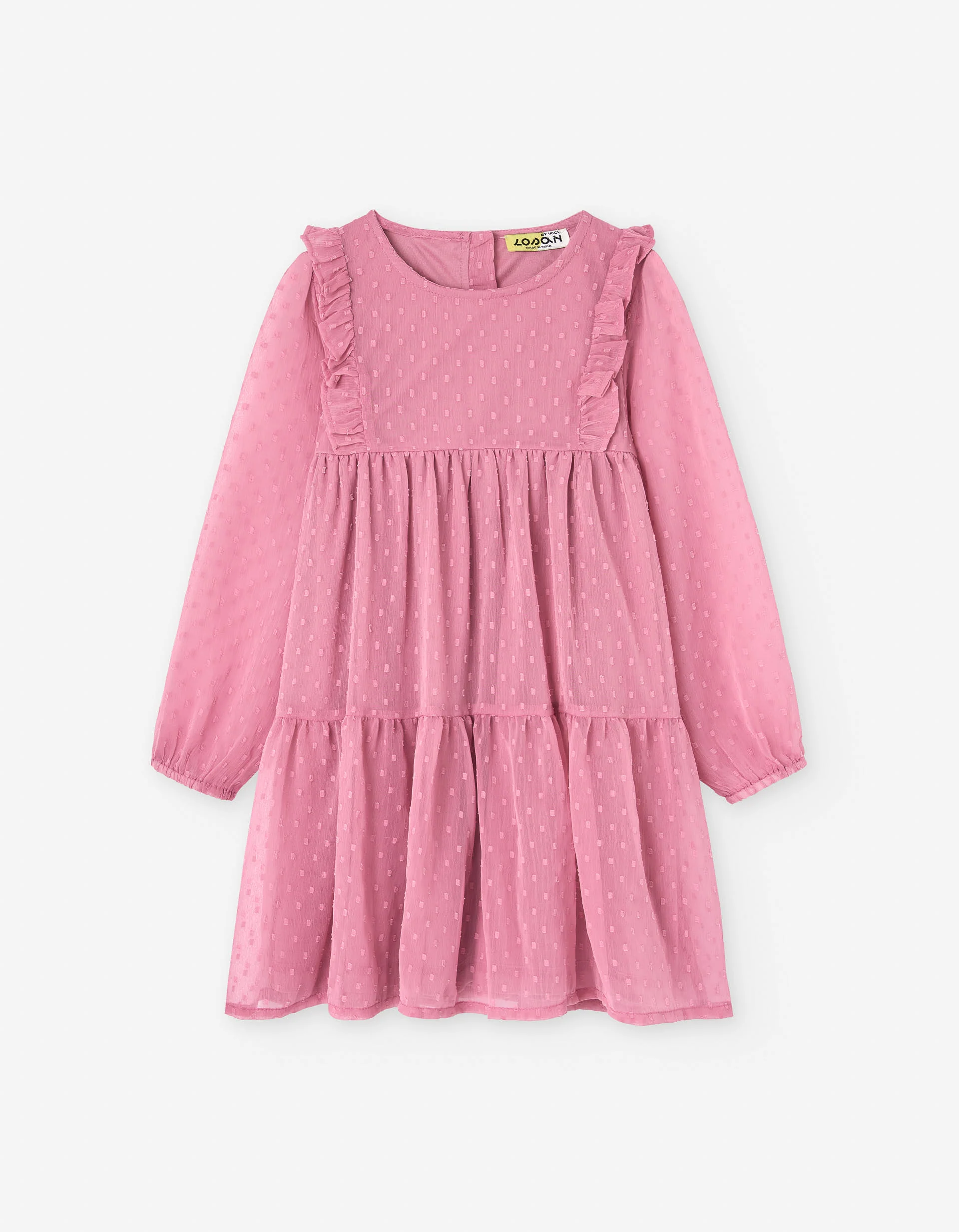 Long sleeve plumeti dress with ruffles for girls, pink