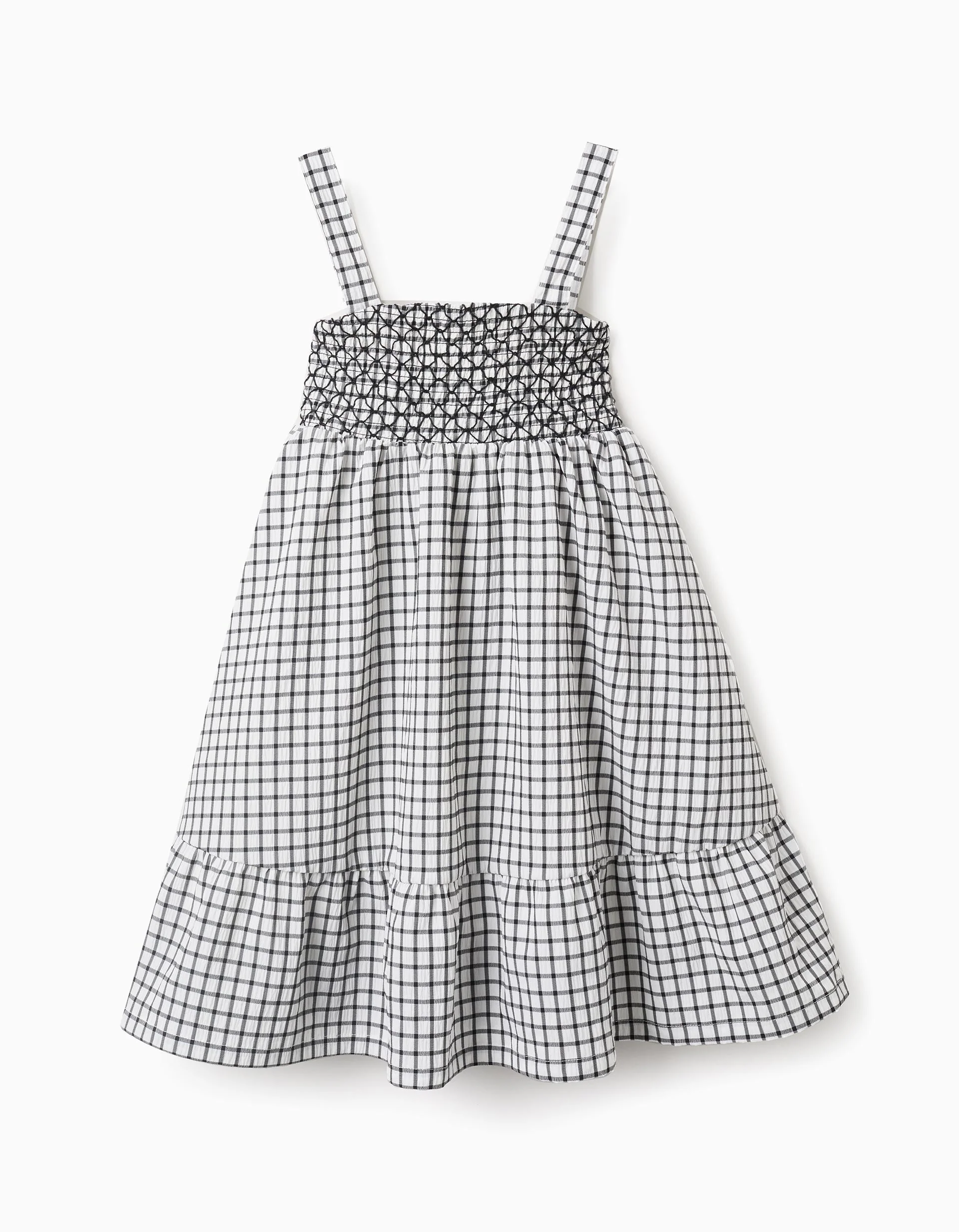 Vichy Strappy Dress for Girls, White/Grey