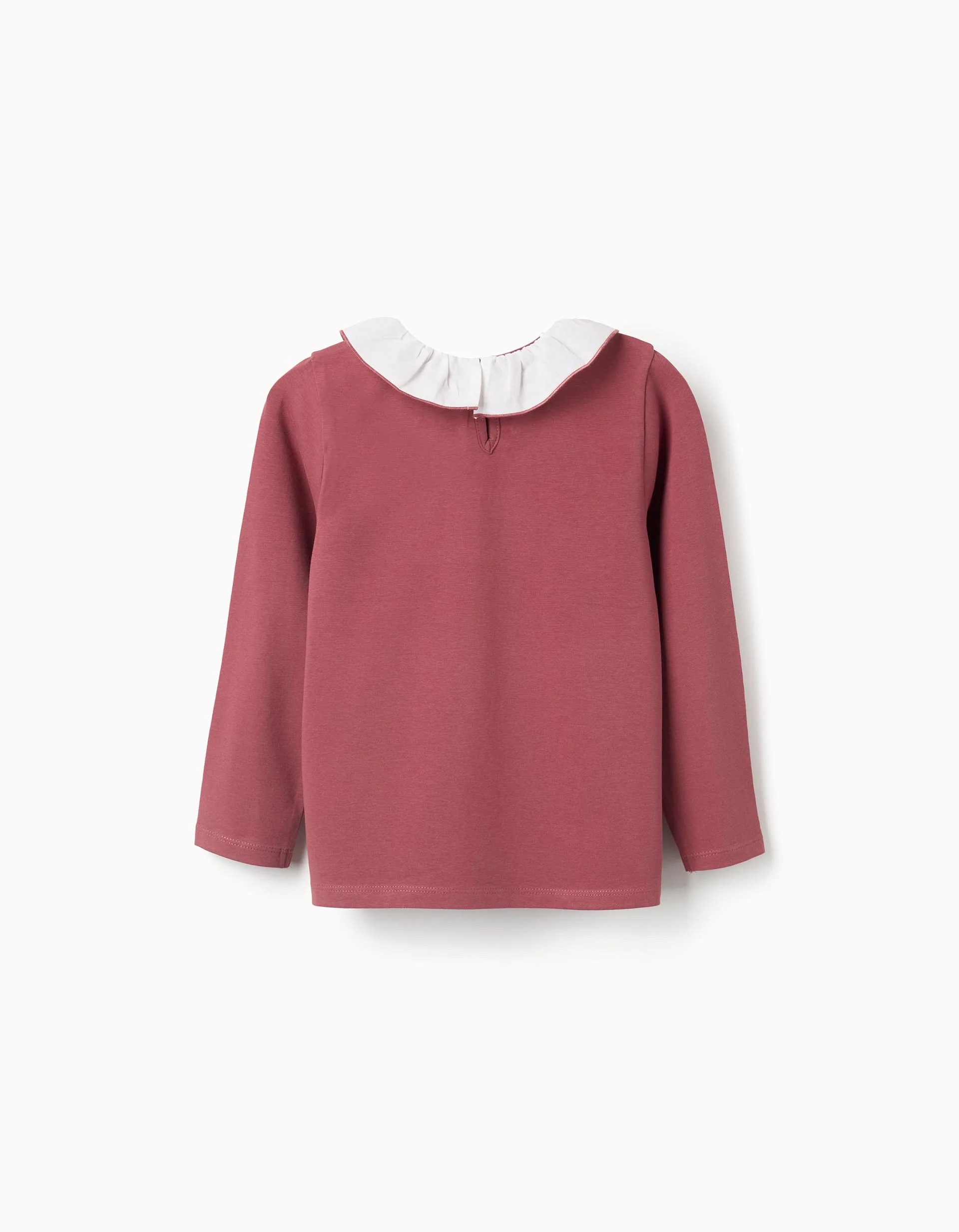 Long sleeve T-shirt with print and ruffled collar for girls, dark pink