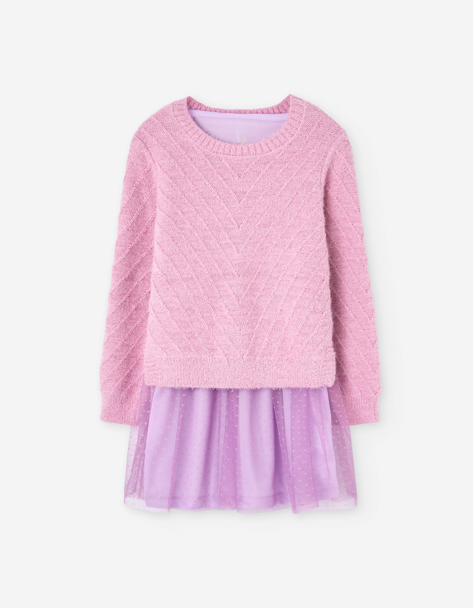 Dual-fabric dress with tulle skirt for girls, pink