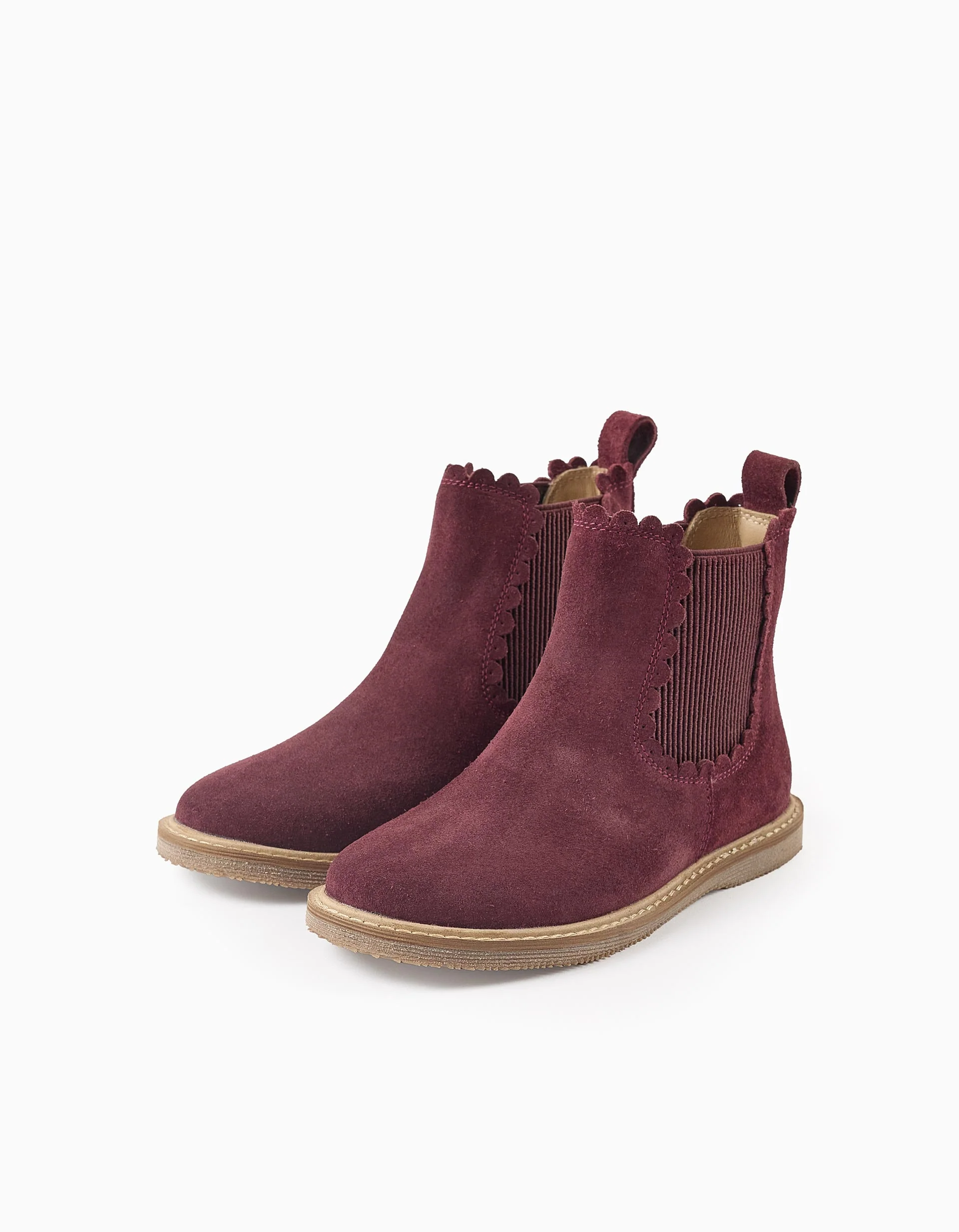 Suede Chelsea boots with scalloped effect for girls, burgundy